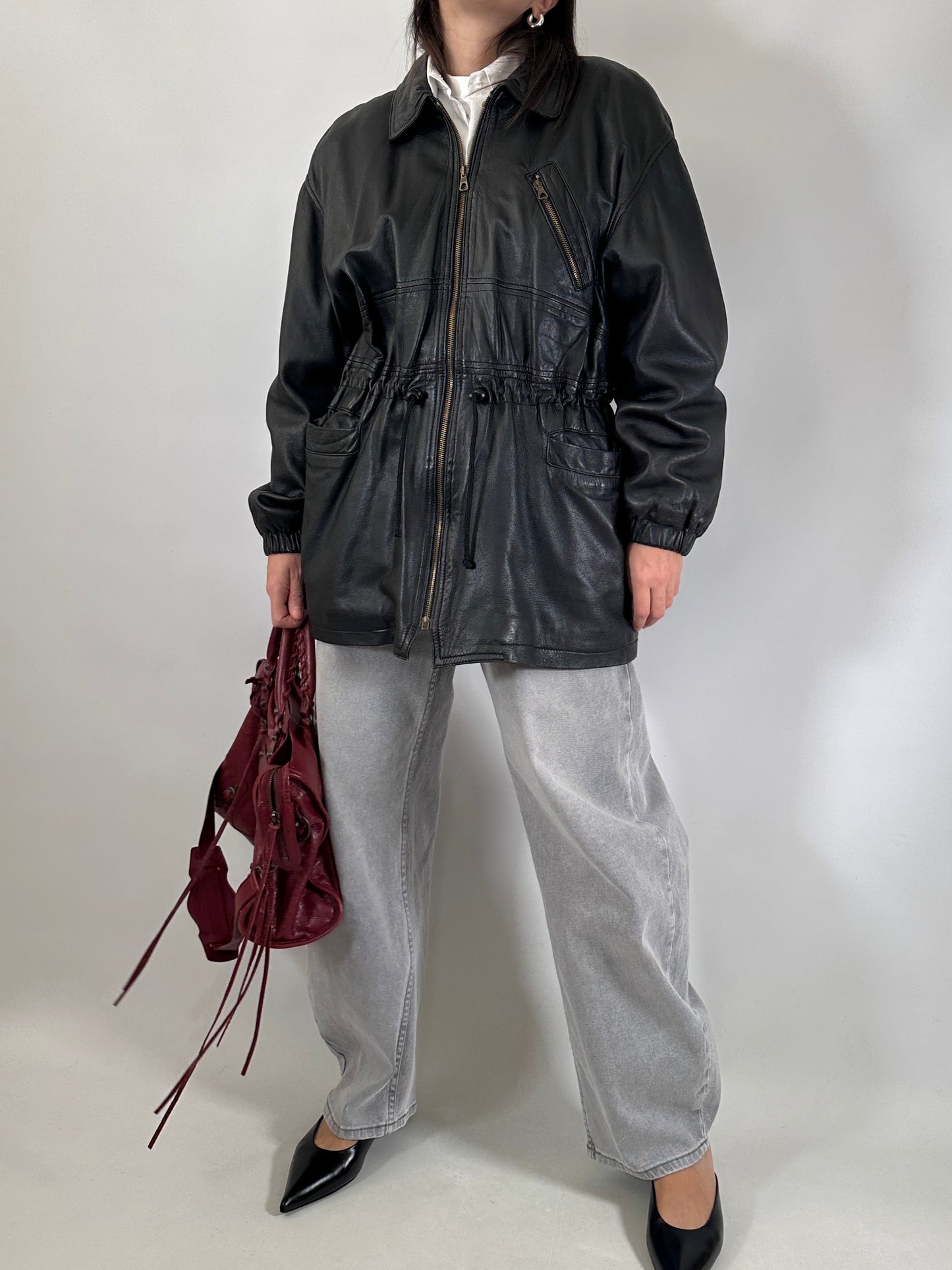 Vintage leather jacket with waist tie detail