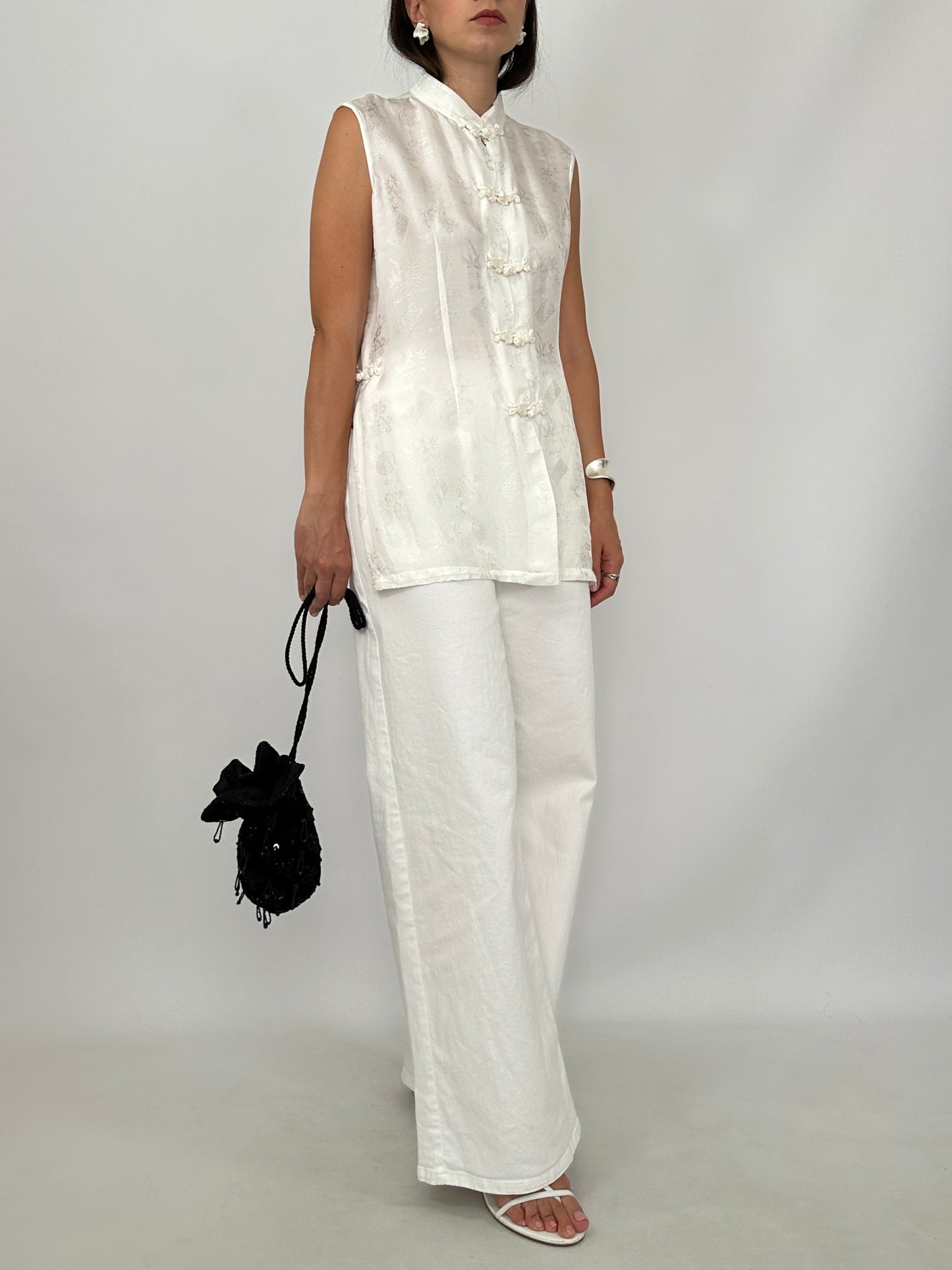 White Silk Jacquard Frog Closure Blouse