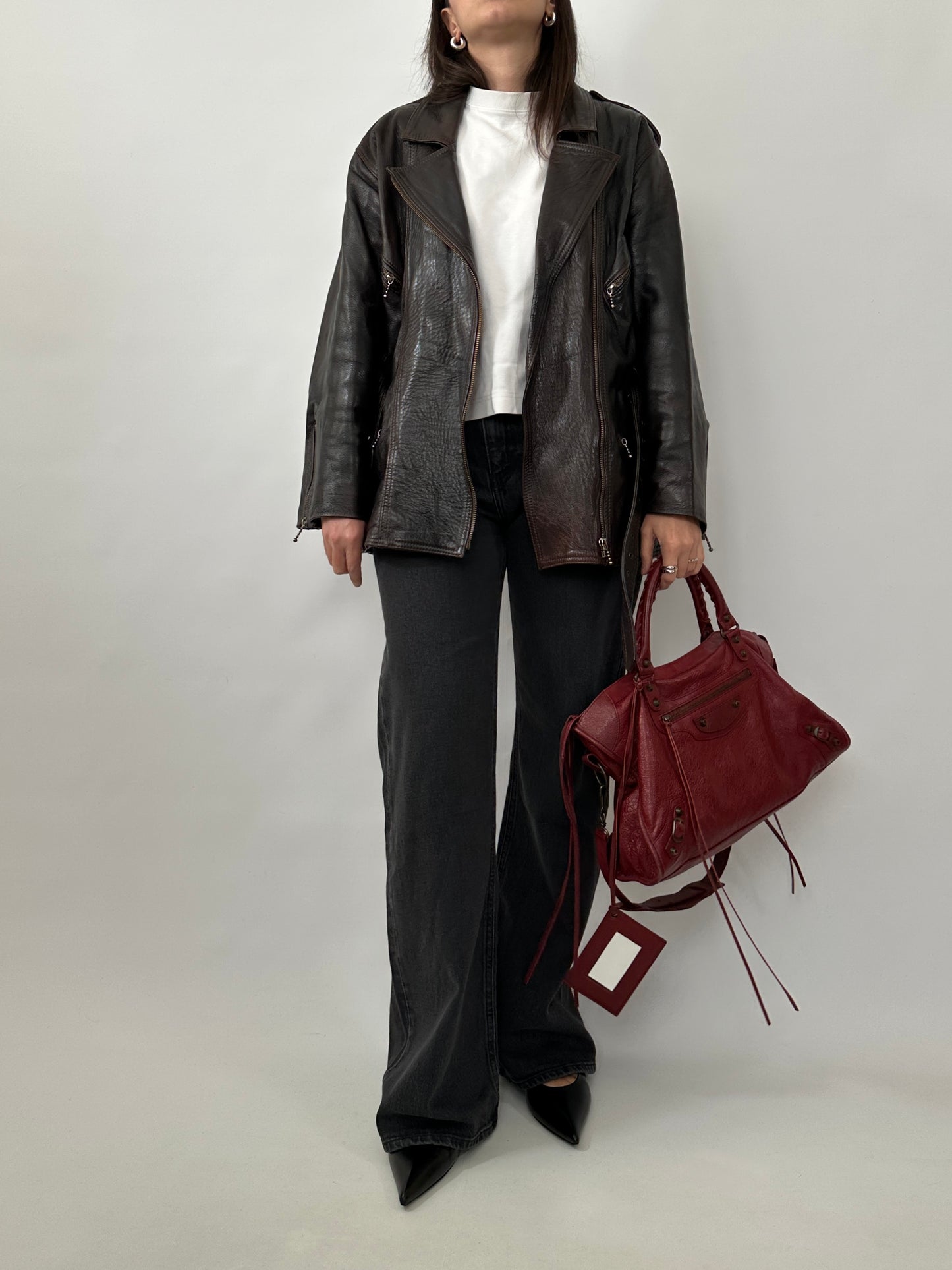 Vintage Dark Brown Leather Belted Jacket