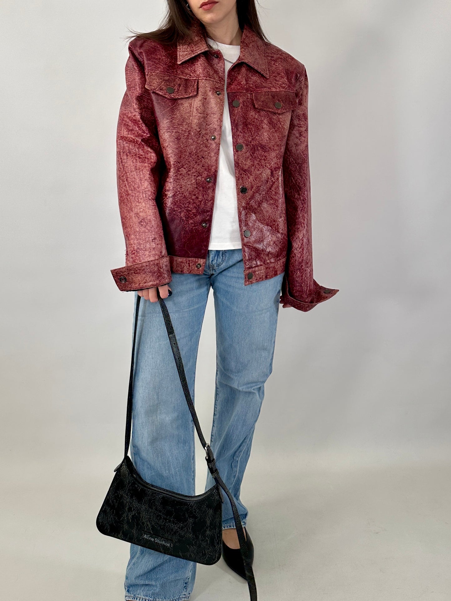 Red marble leather trucker jacket