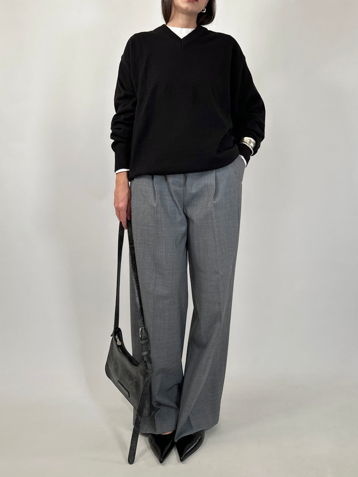 Black Fine Wool V-Neck Sweater