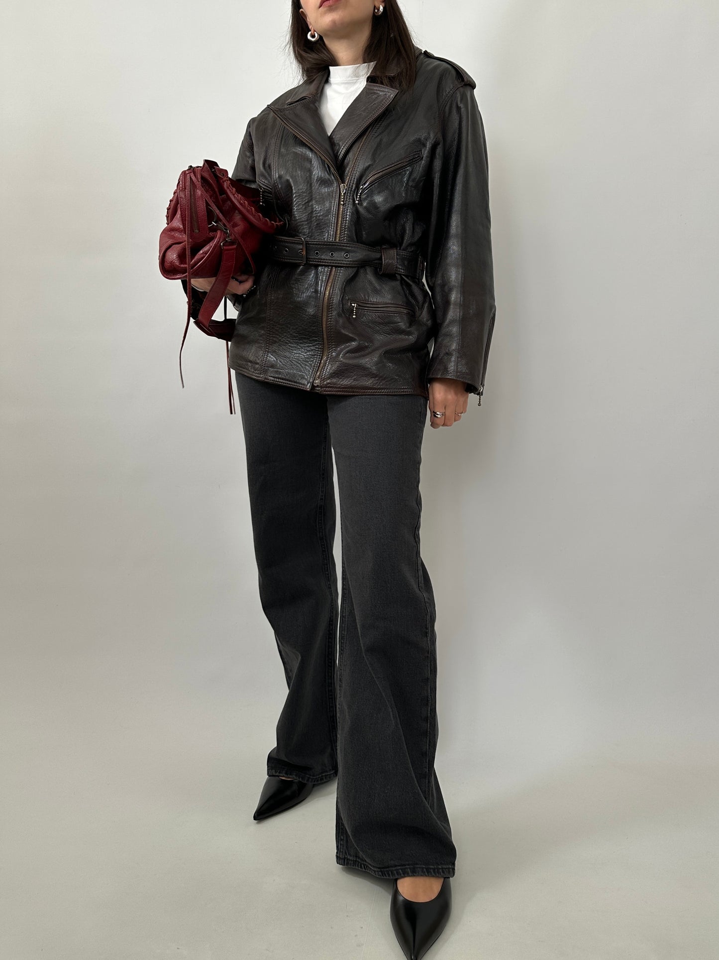 Vintage Dark Brown Leather Belted Jacket