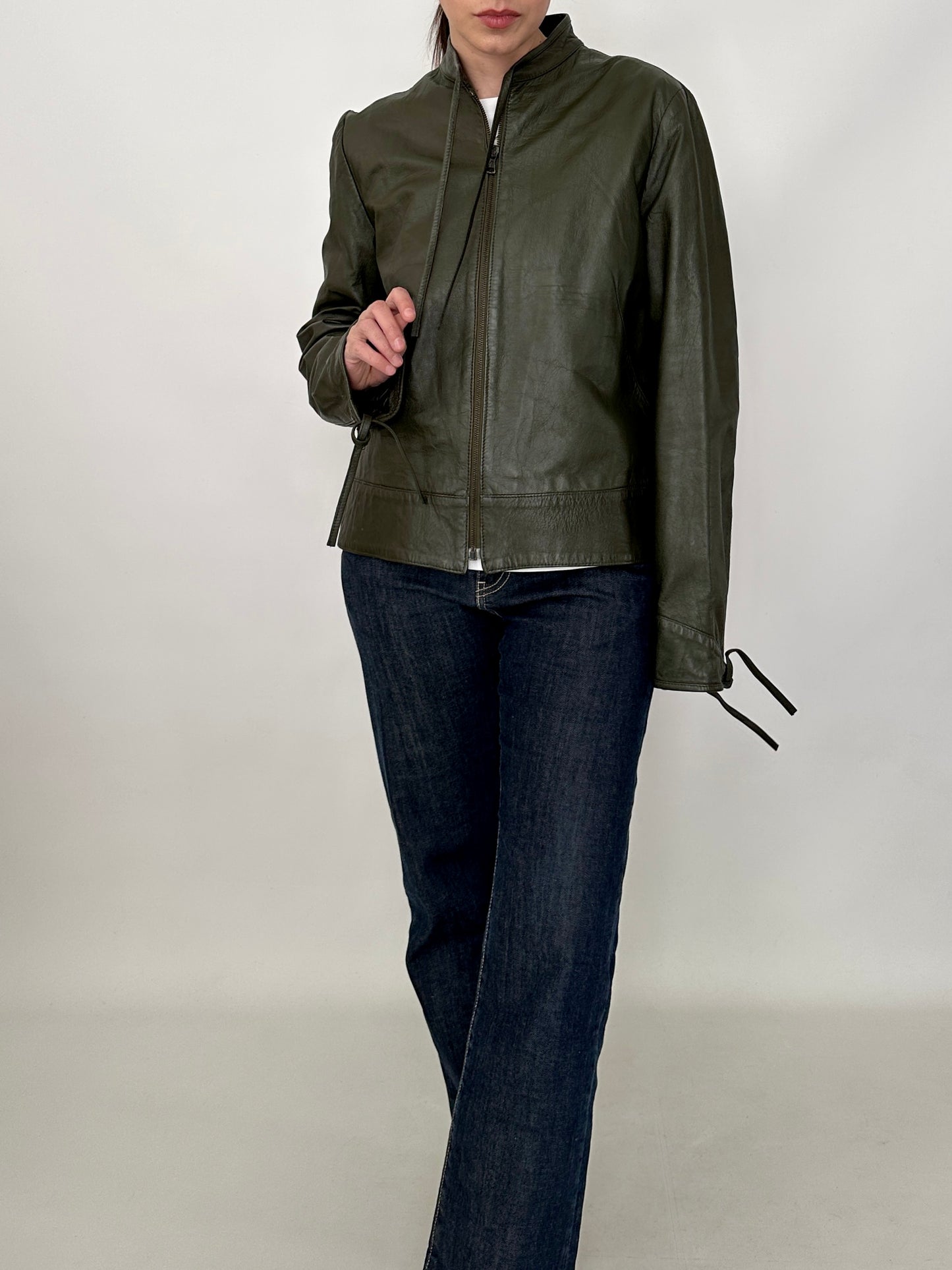 Bow detail vintage green leather jacket