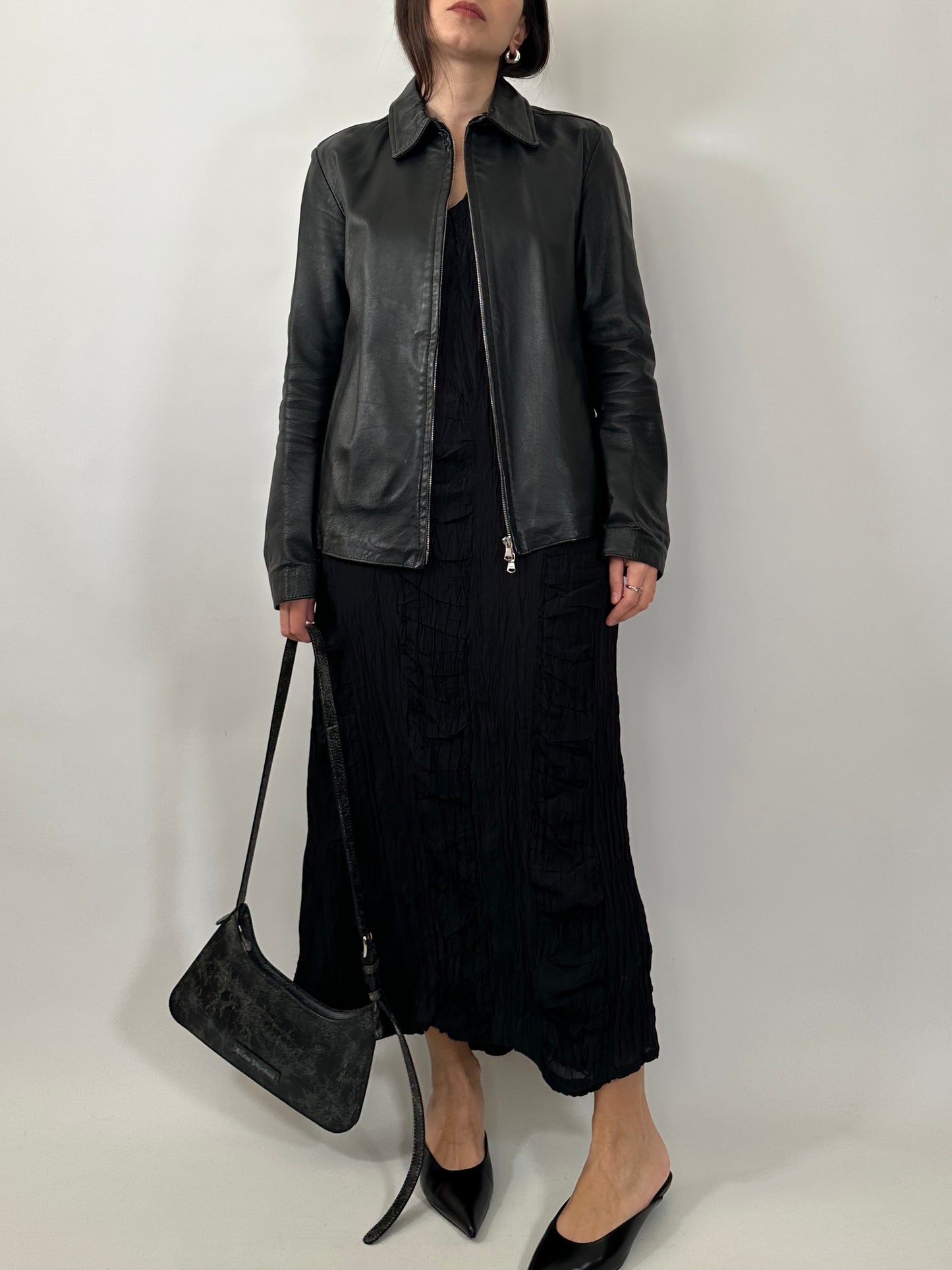 Minimal Black Leather Zip-Up Jacket