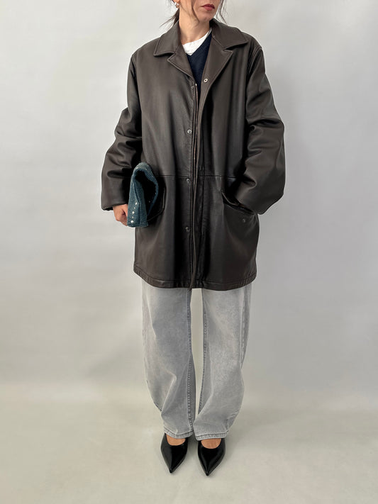 Grained lamb leather brown coat