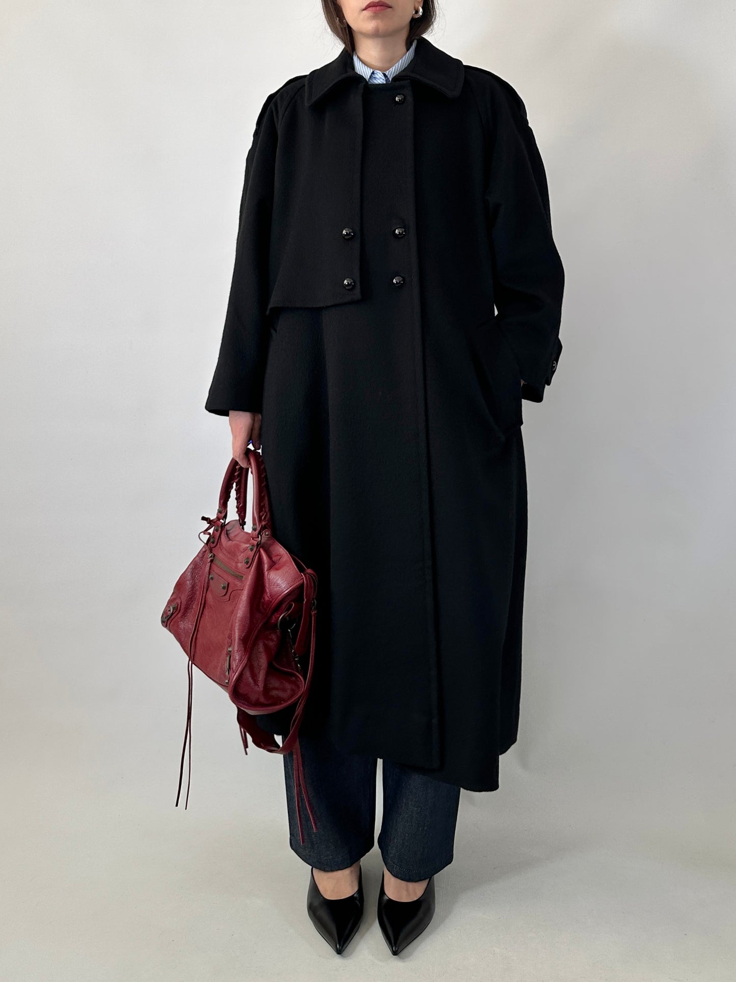 Vintage black wool coat with cape detail