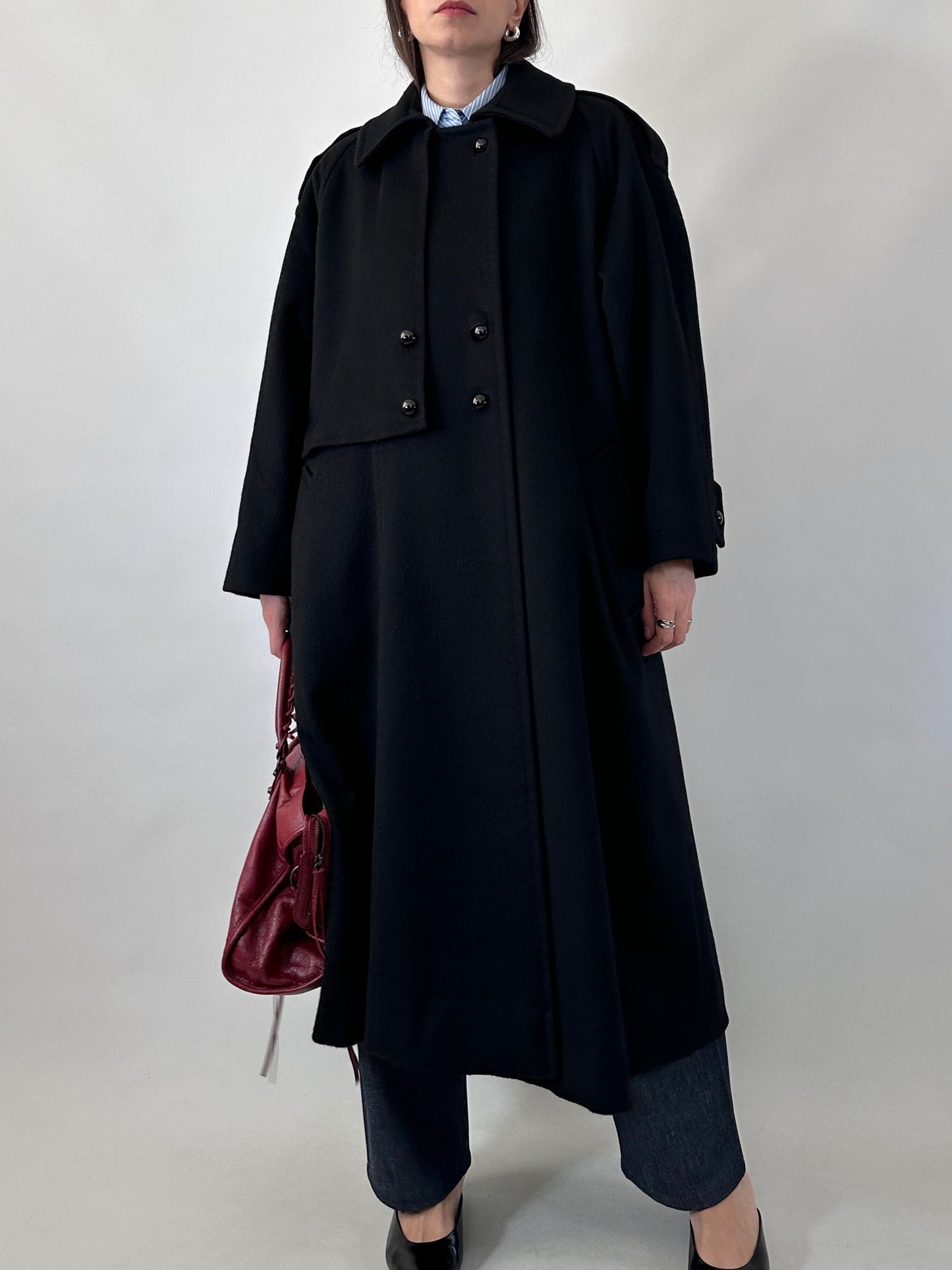 Vintage black wool coat with cape detail