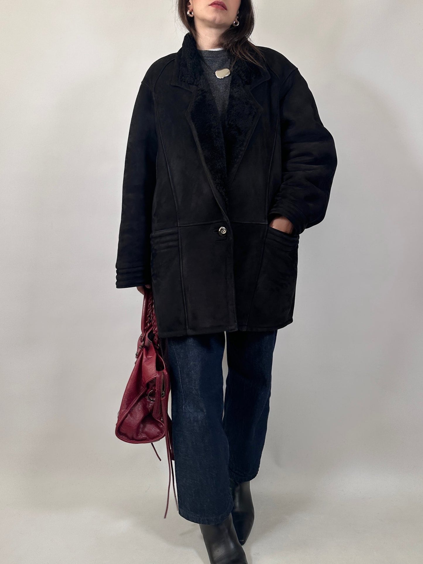 Black Suede Shearling Coat