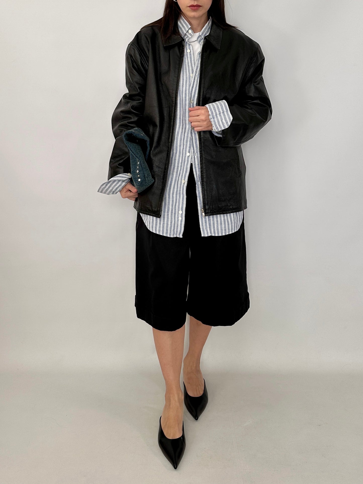 Relaxed fit leather zipped jacket