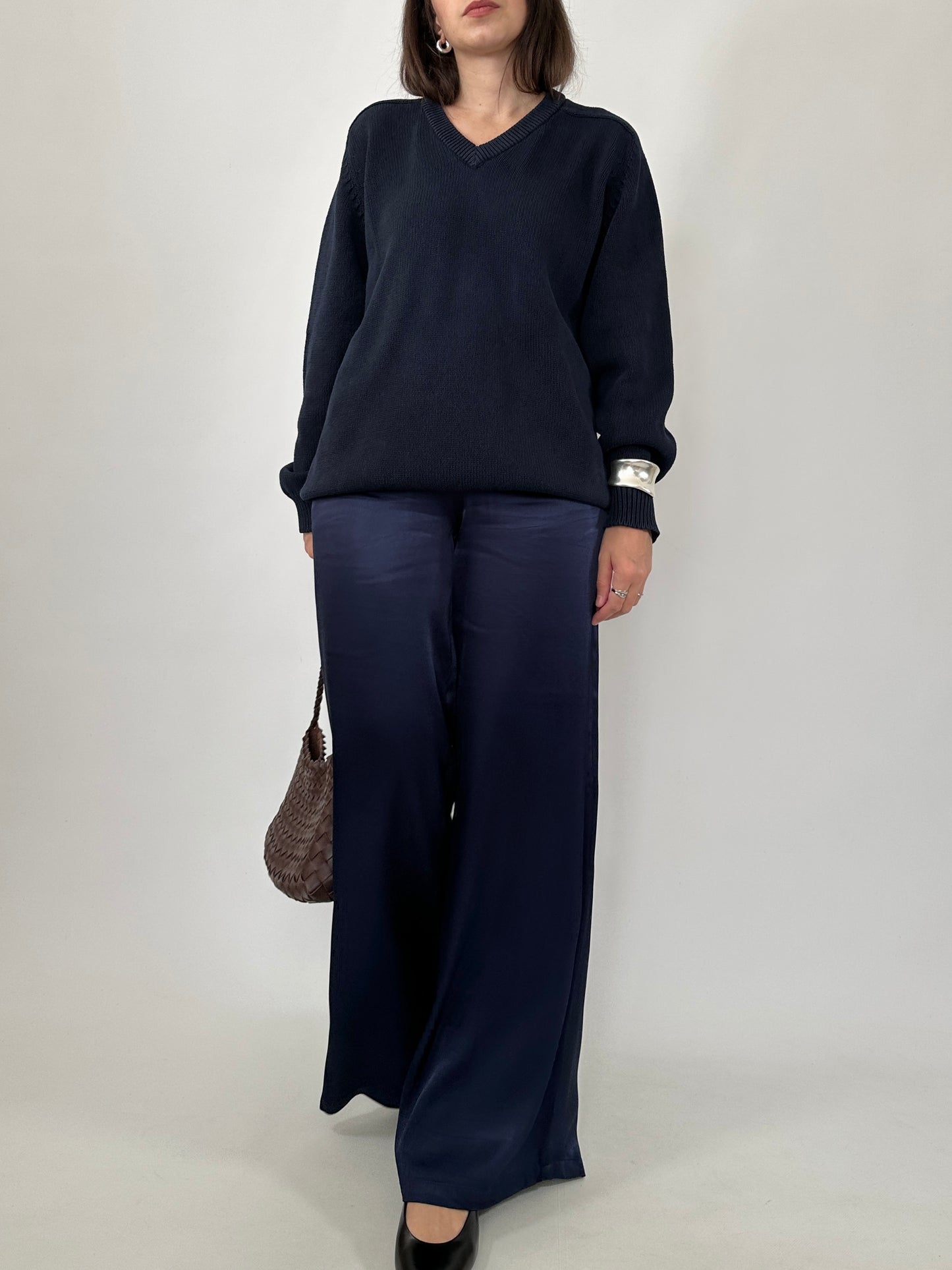 Navy Cotton V-Neck Sweater