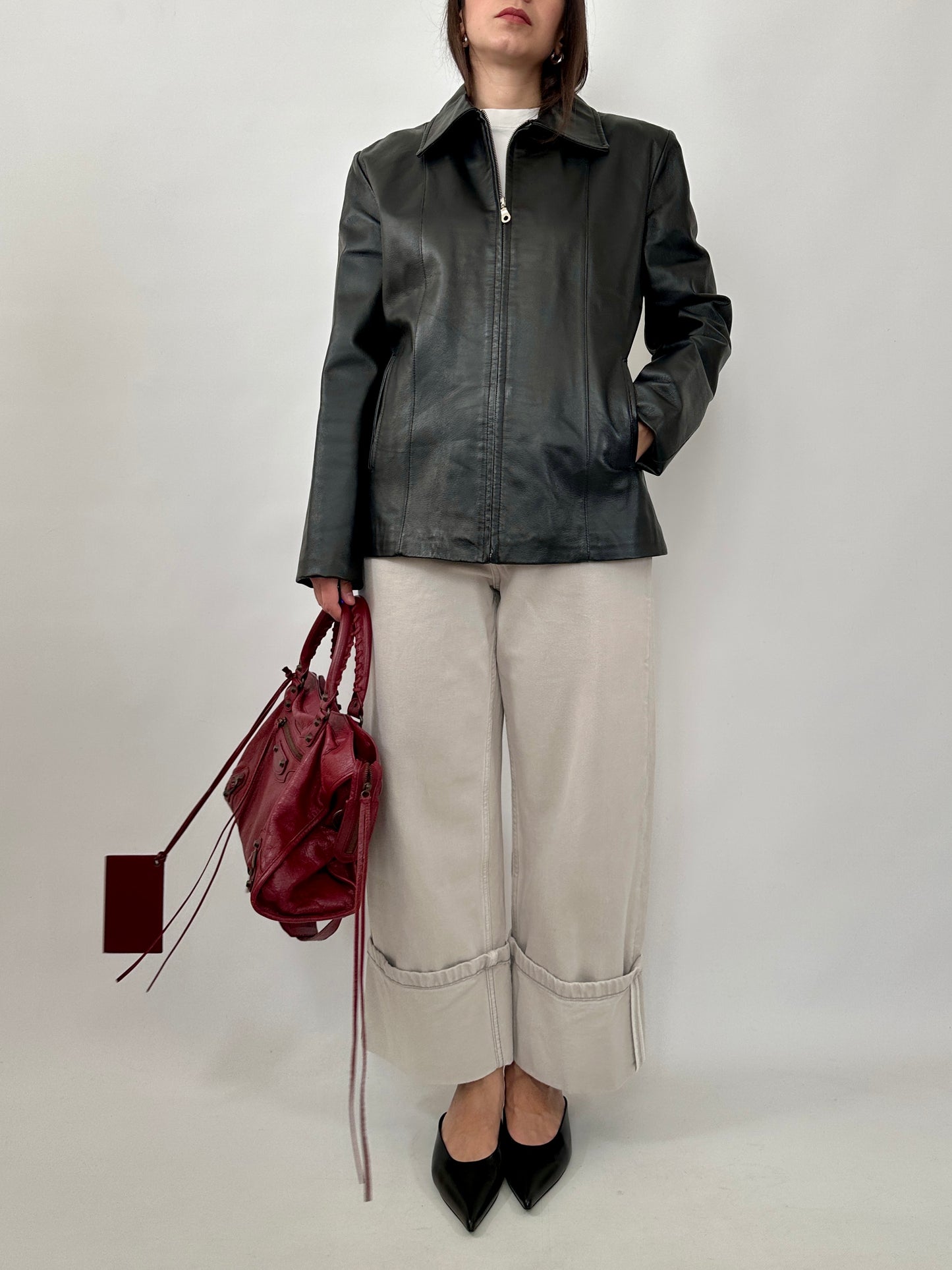 Minimal Black Leather Zip Jacket