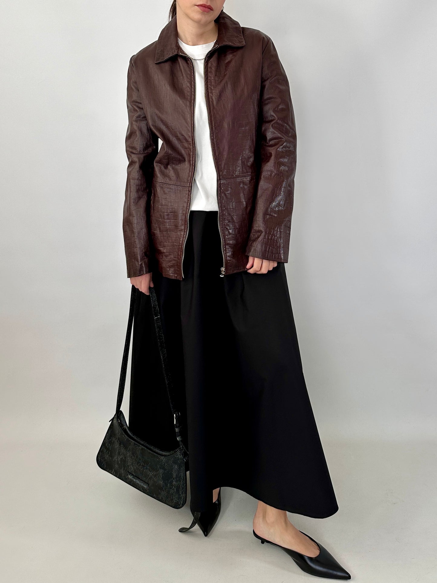 Brown croc-print genuine leather jacket