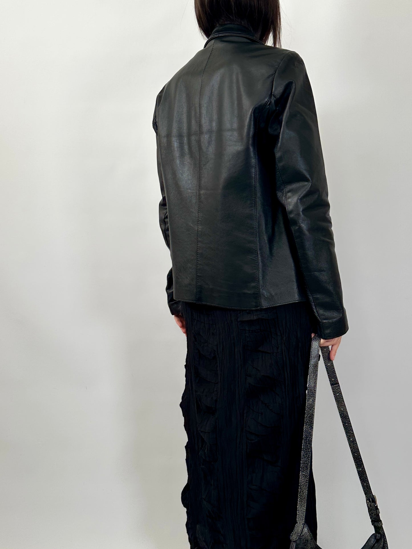 Minimal Black Leather Zip-Up Jacket