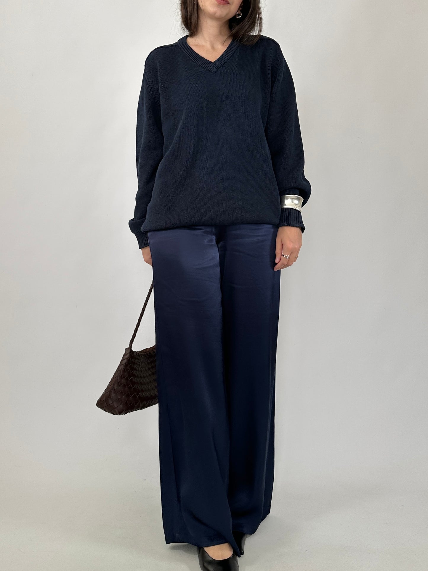 Navy Cotton V-Neck Sweater