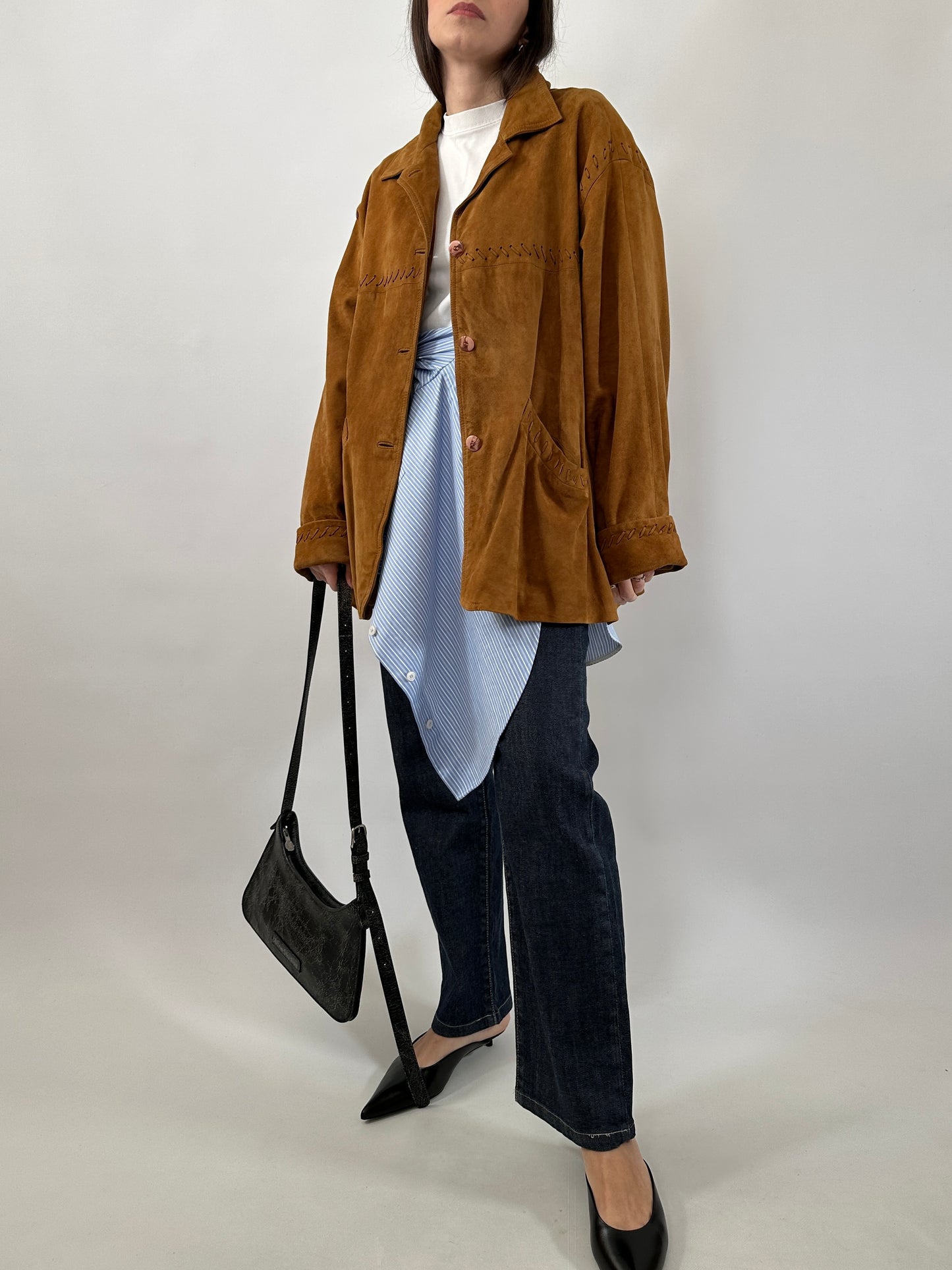 Vintage Suede Jacket with Cross-Stitch Details
