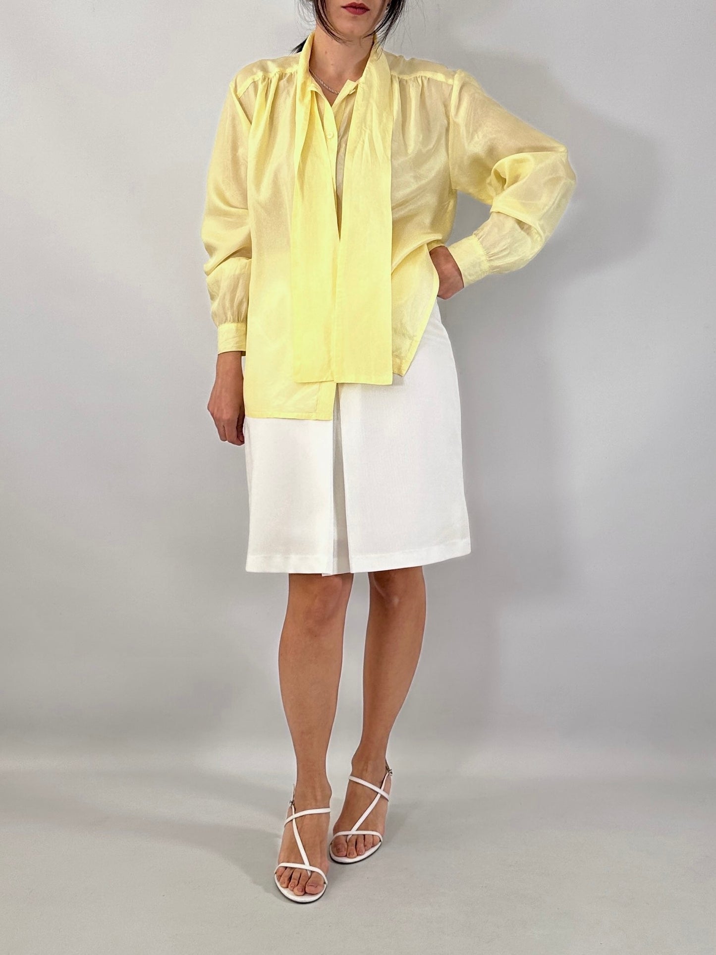 Butter yellow silk bow shirt