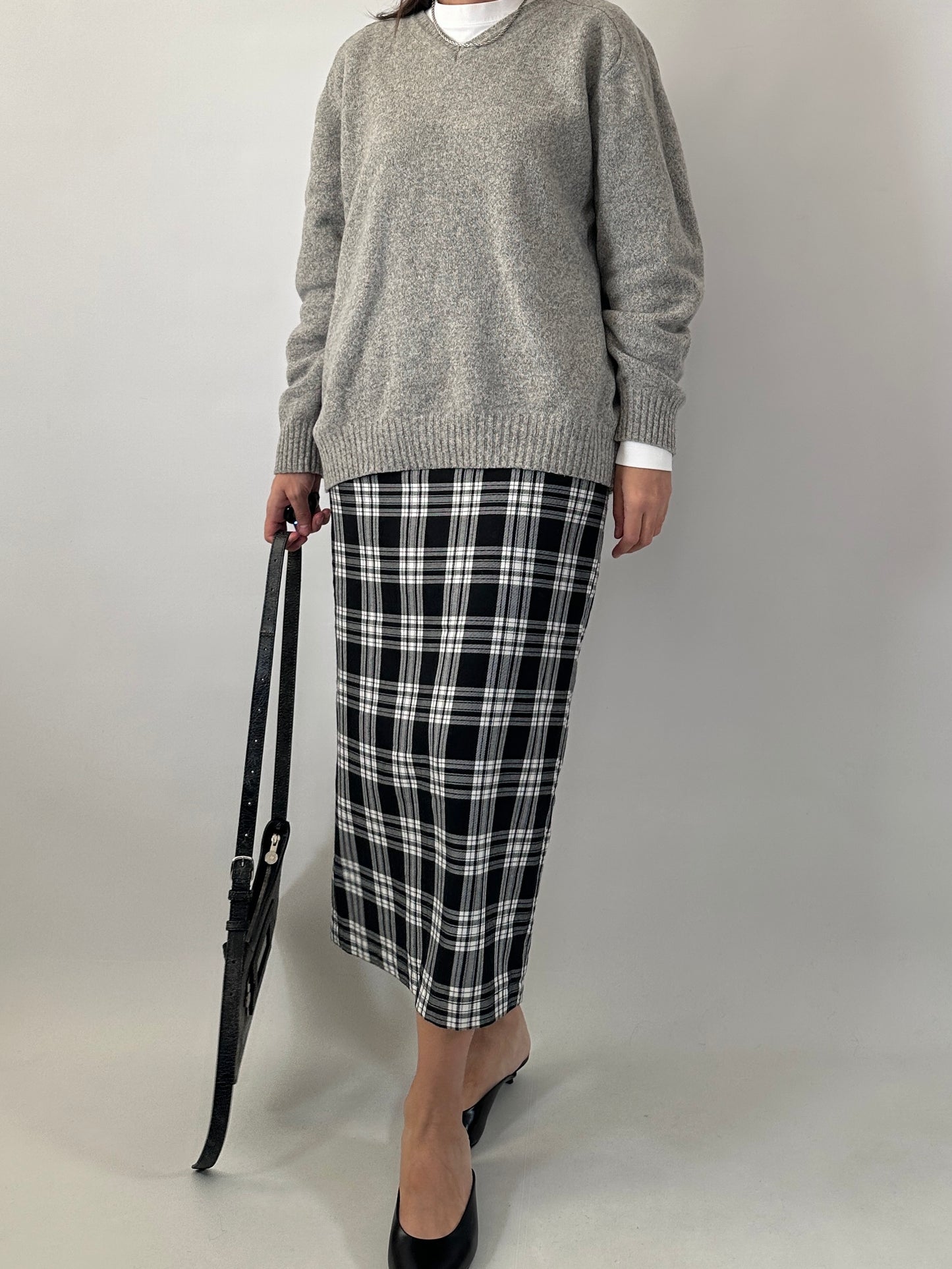 Checked long pencil skirt