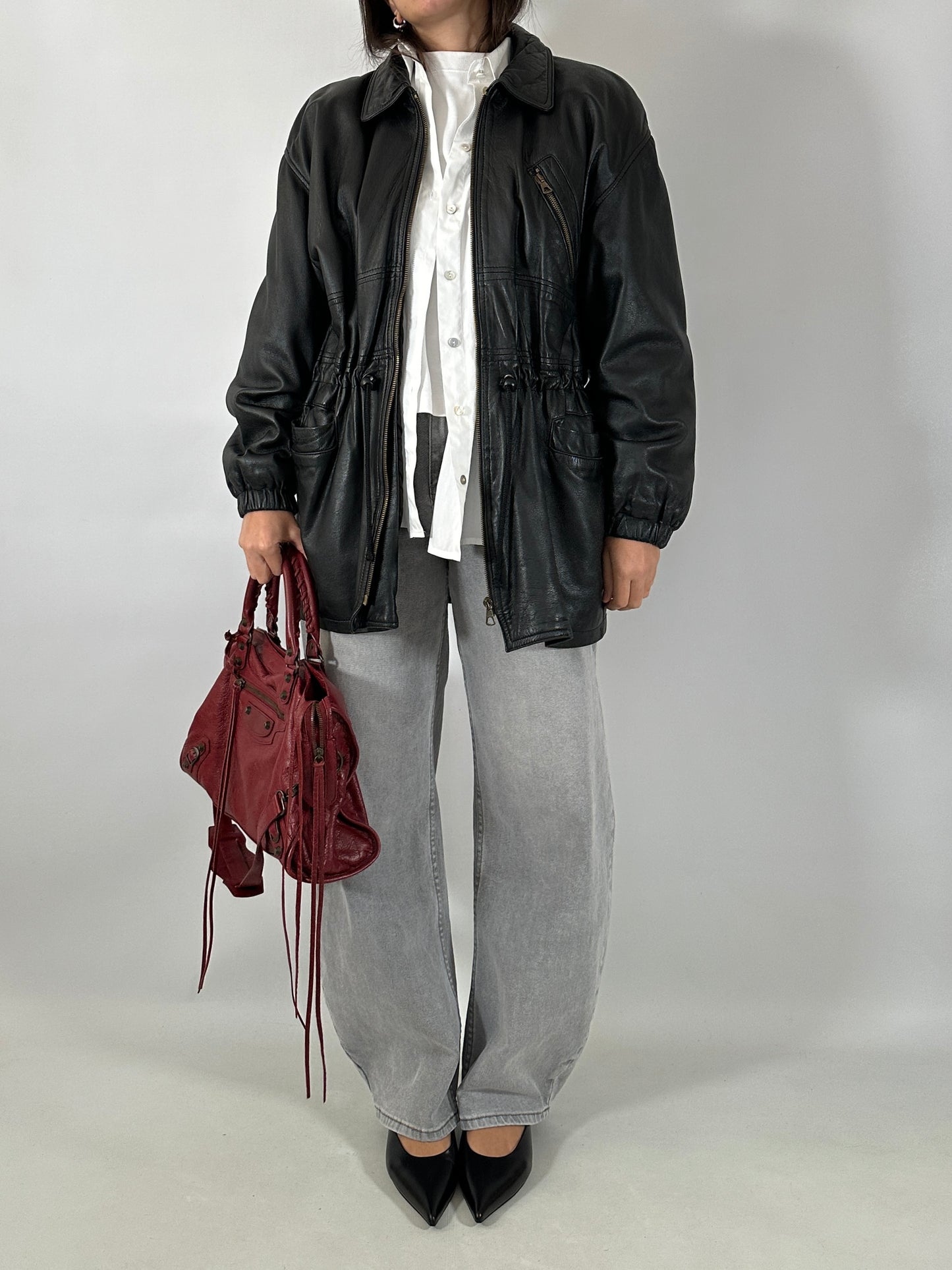 Vintage leather jacket with waist tie detail