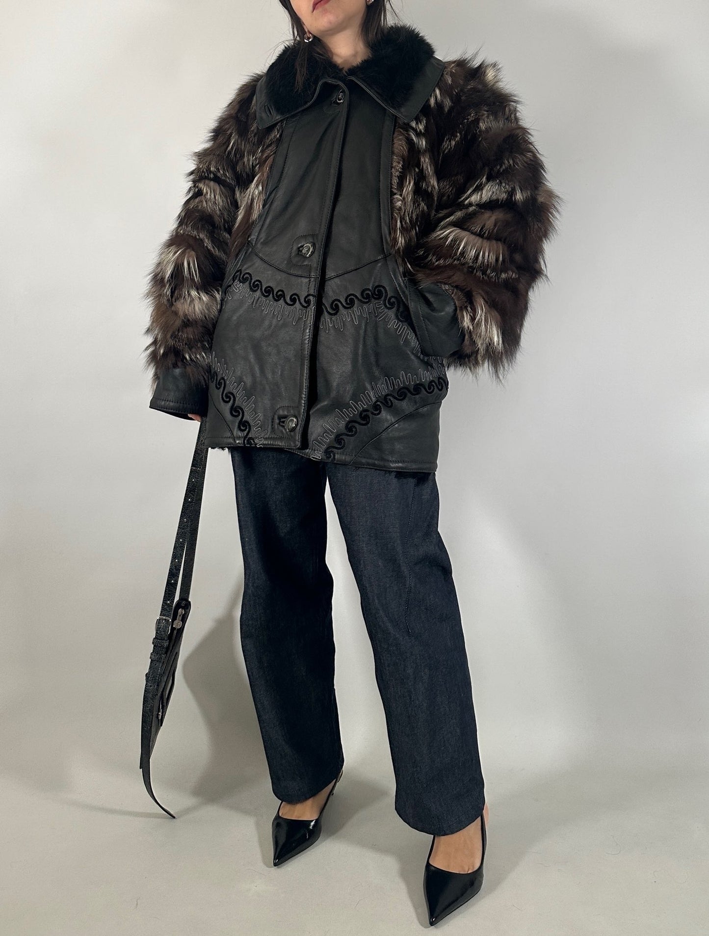 Embroidered Shearling Jacket with Fur Sleeves