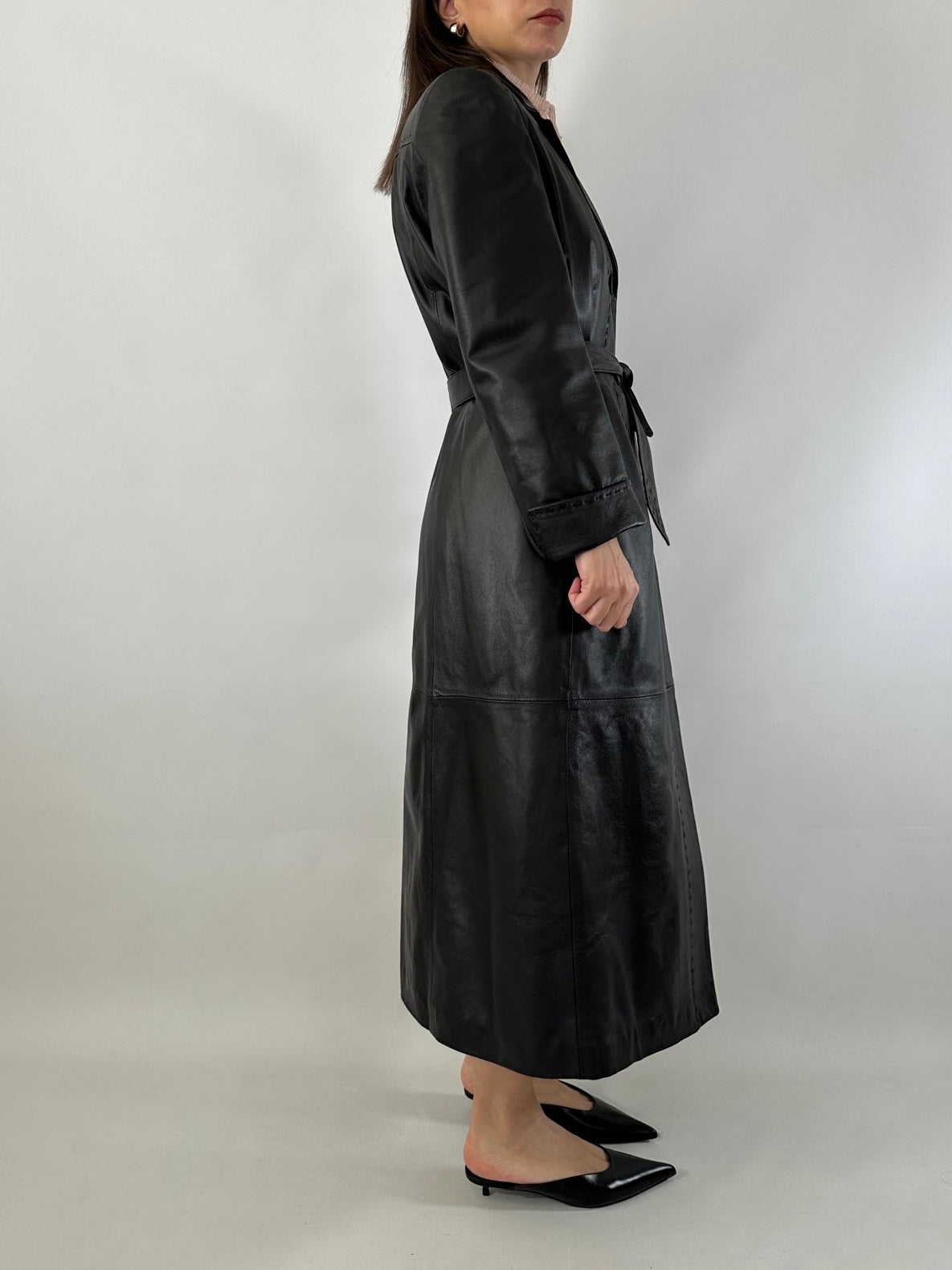 Extra-long nappa leather vintage trench coat