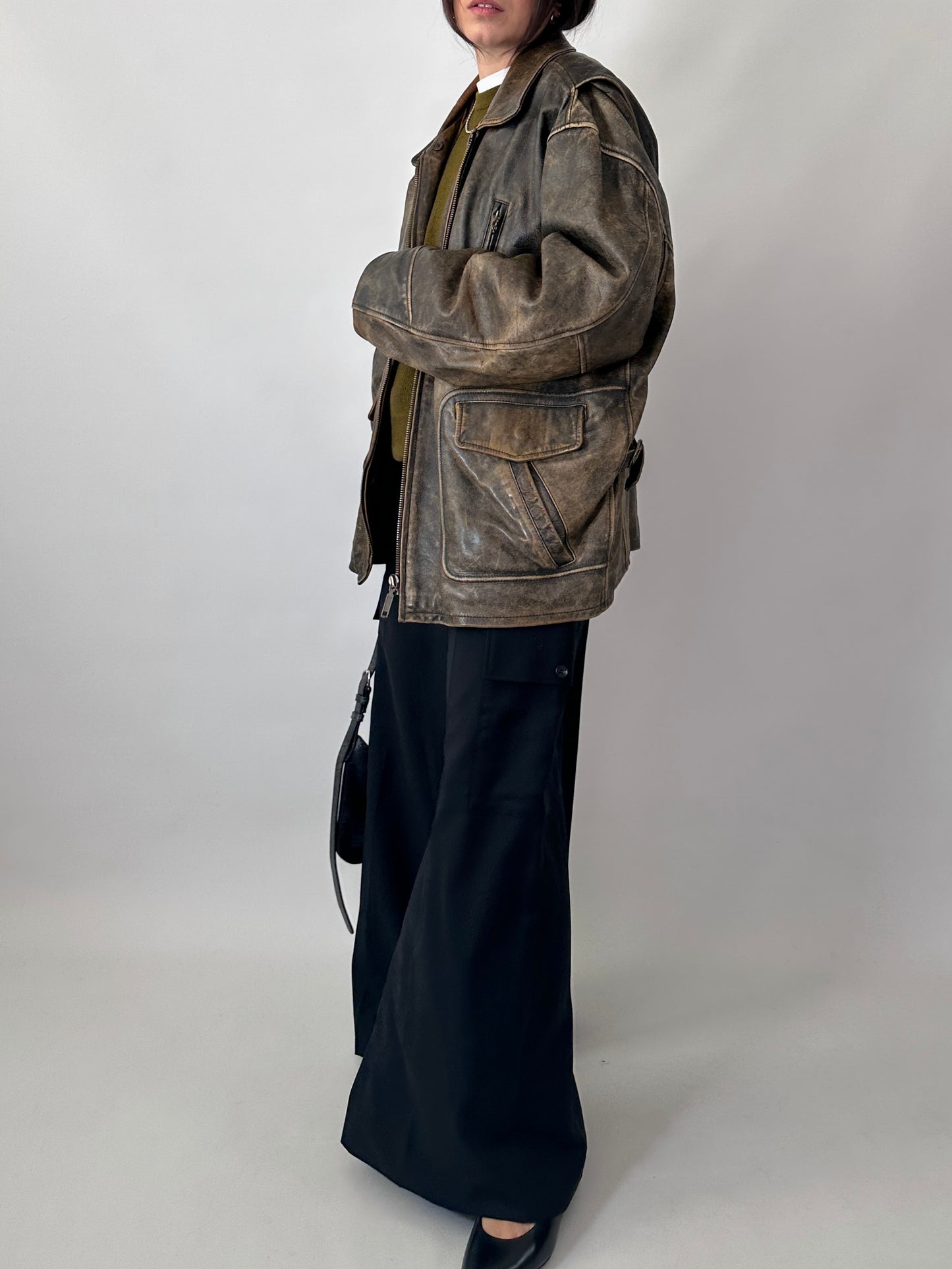Oversized aviator jacket in distressed real leather