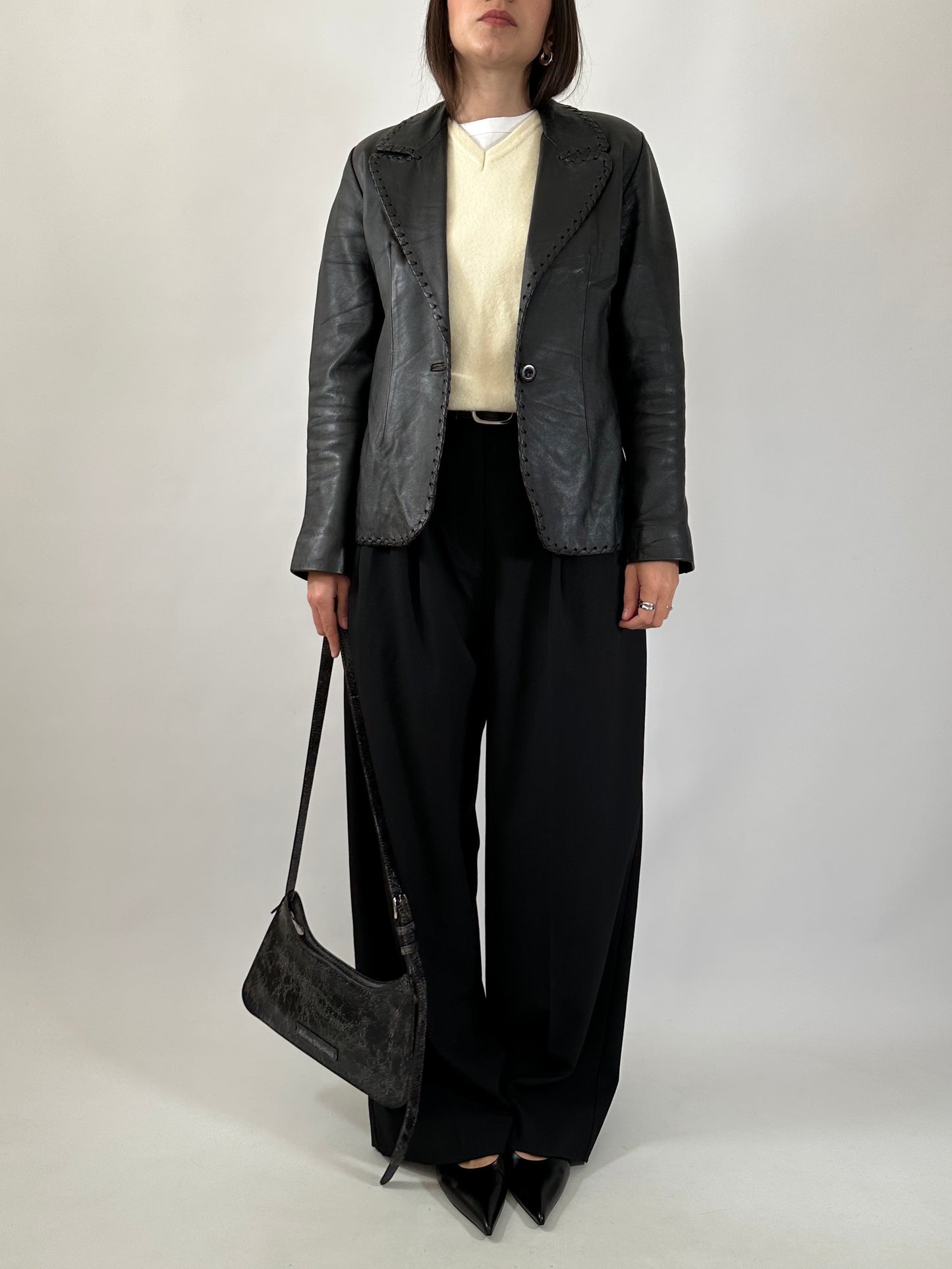Vintage Stitched Slim Leather Blazer