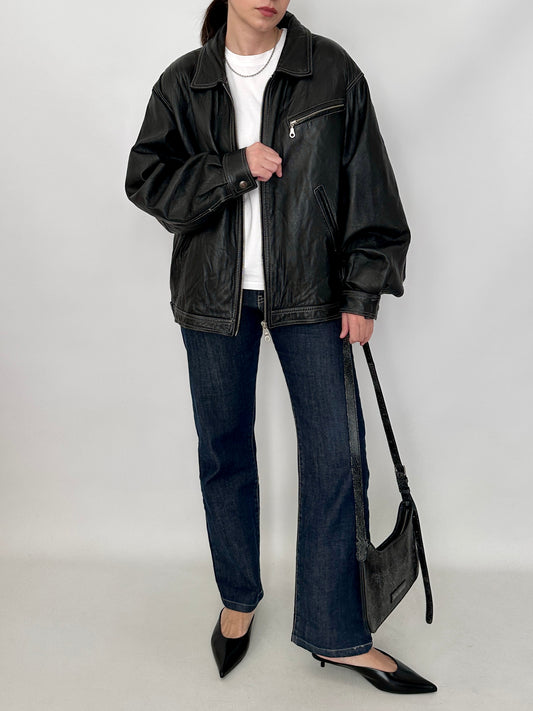 Genuine leather harrington jacket with contrast stitching