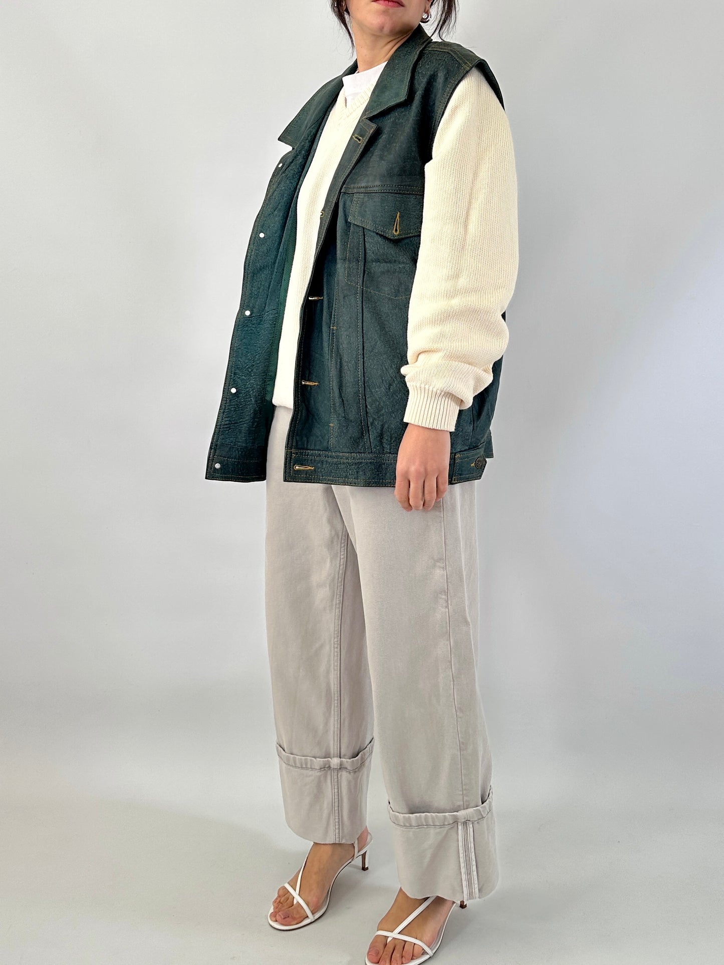 Genuine leather vest denim effect