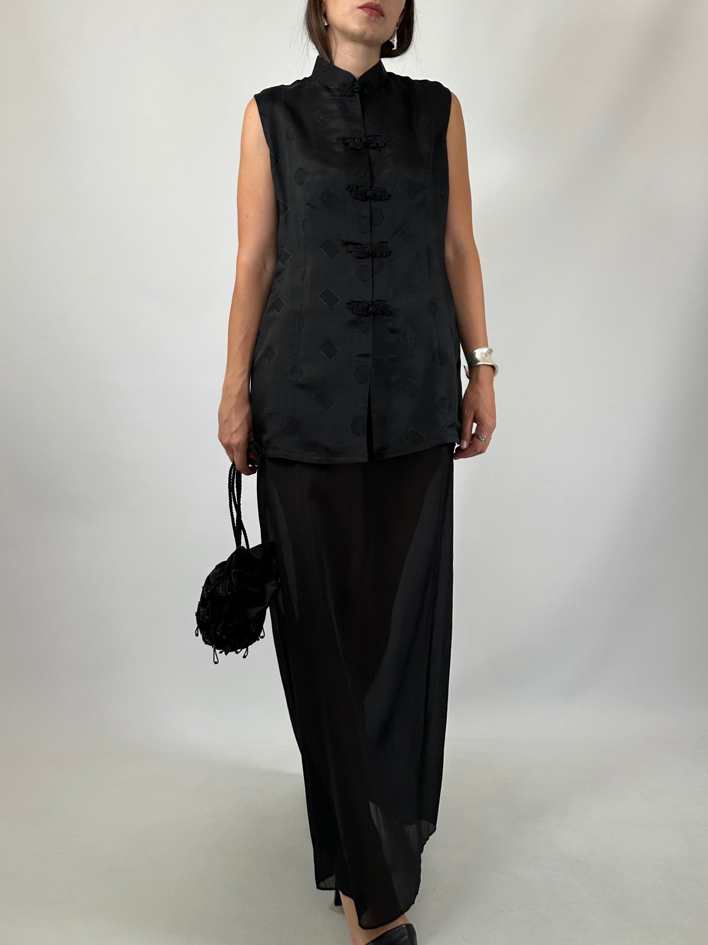 Black Silk Jacquard Frog Closure Blouse