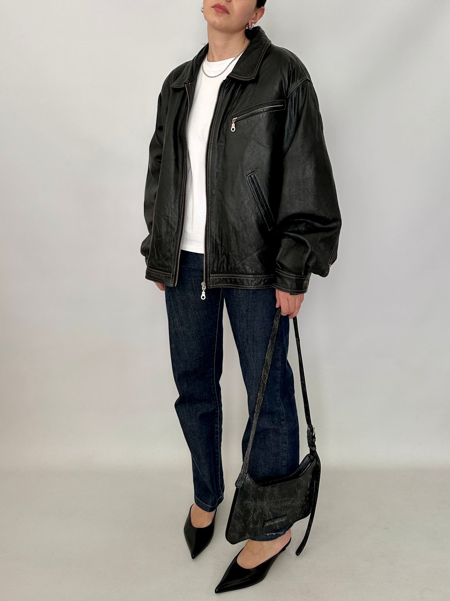 Genuine leather harrington jacket with contrast stitching