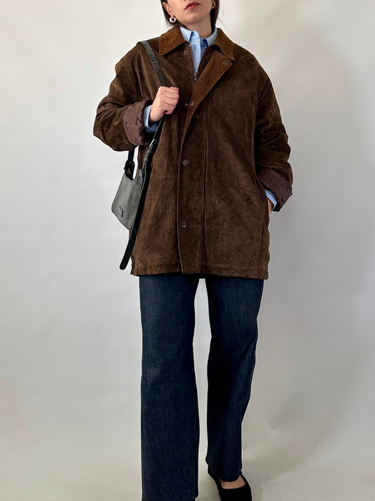 British-style suede jacket with corduroy collar
