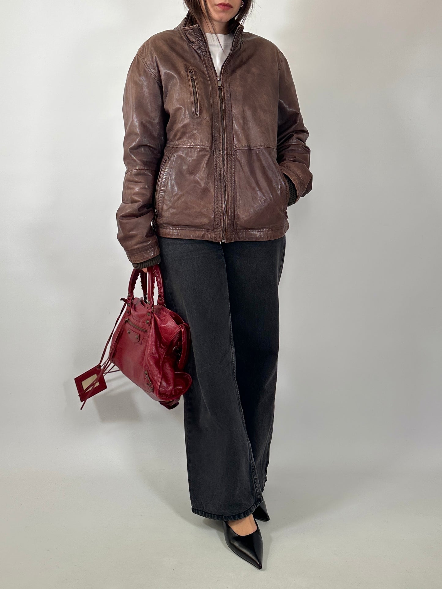 Vintage Brown Leather Zip Jacket