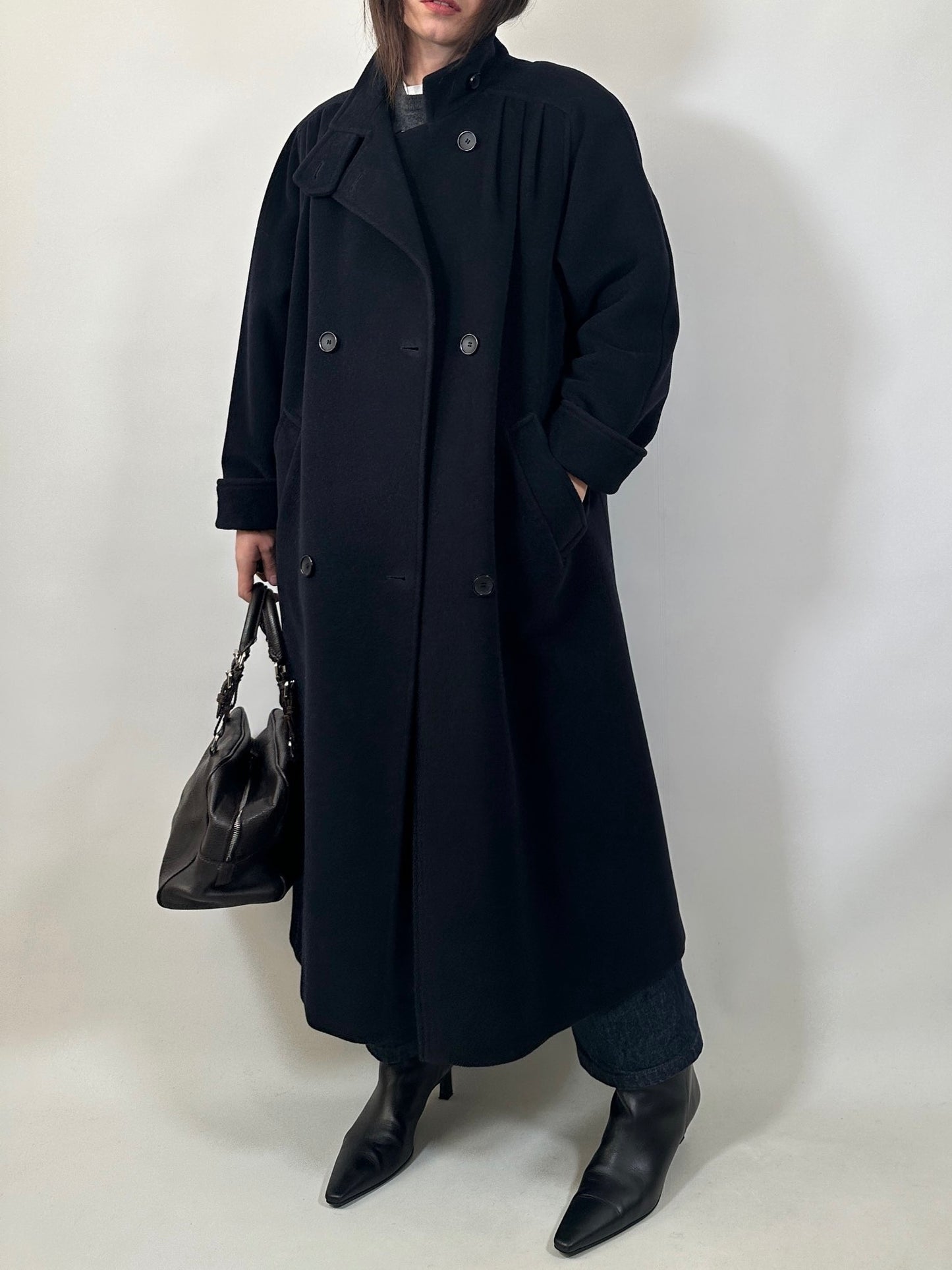 Vintage Long Blue Coat with Pleated Shoulder Detail