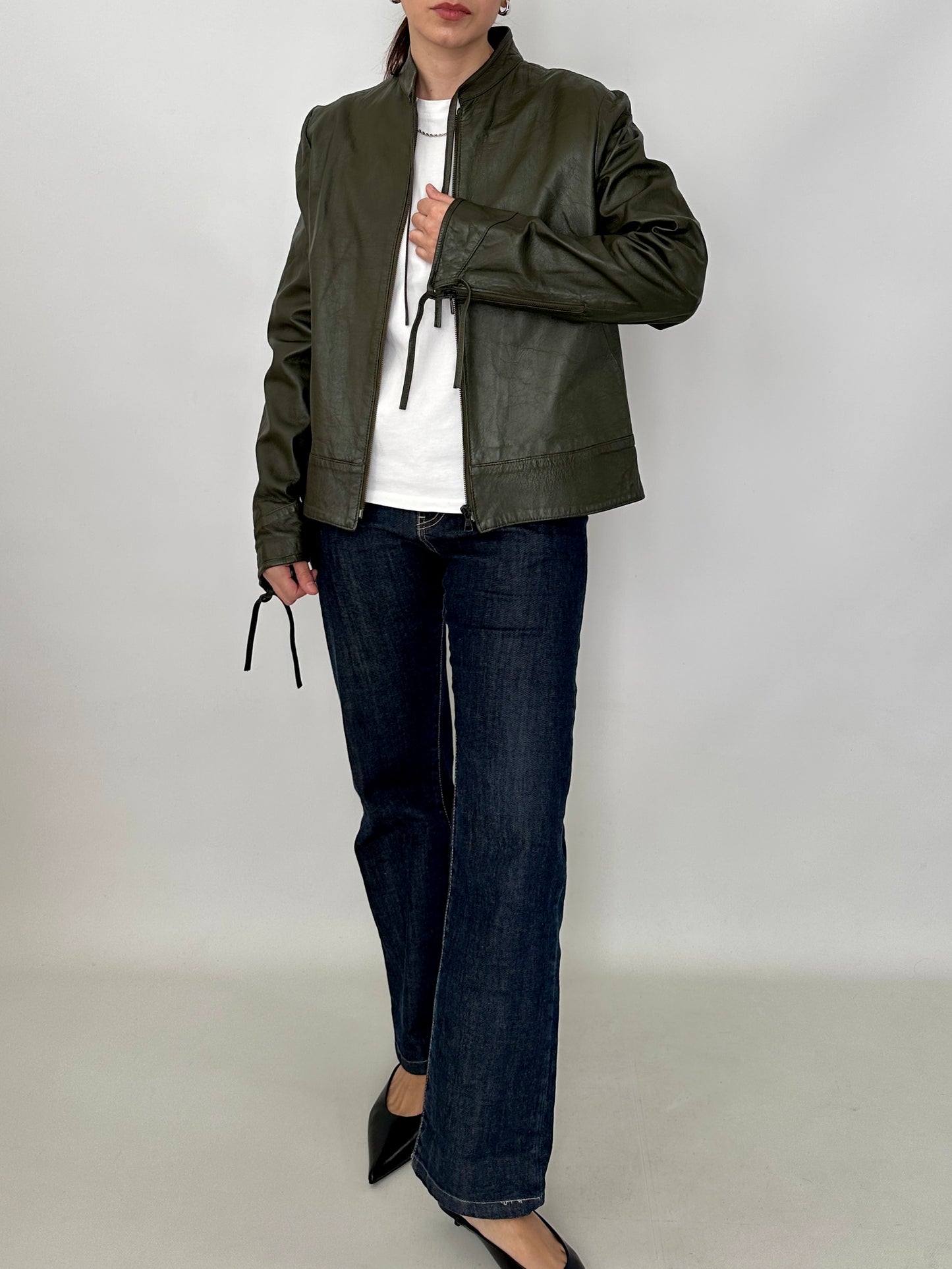 Bow detail vintage green leather jacket