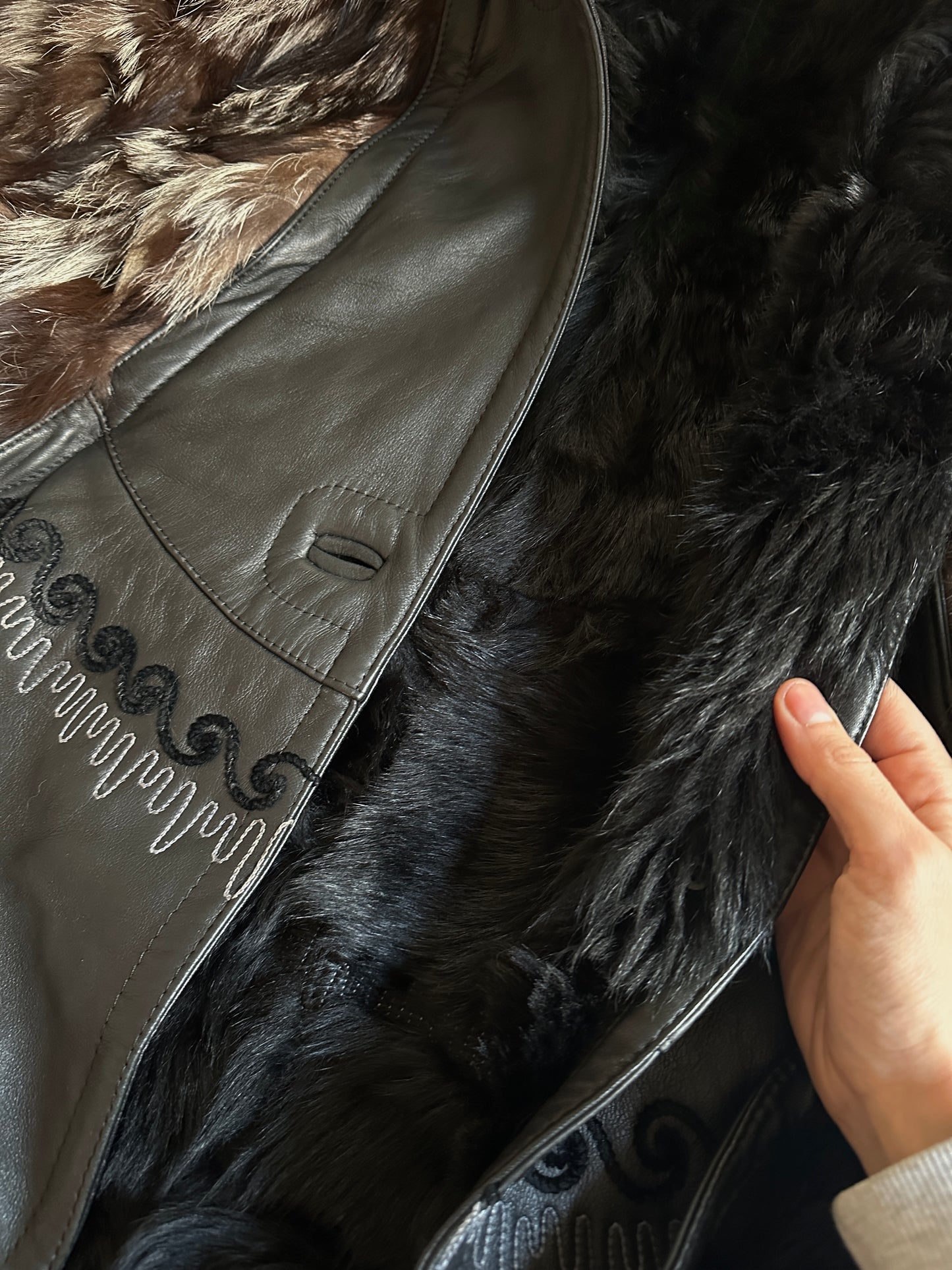 Embroidered Shearling Jacket with Fur Sleeves