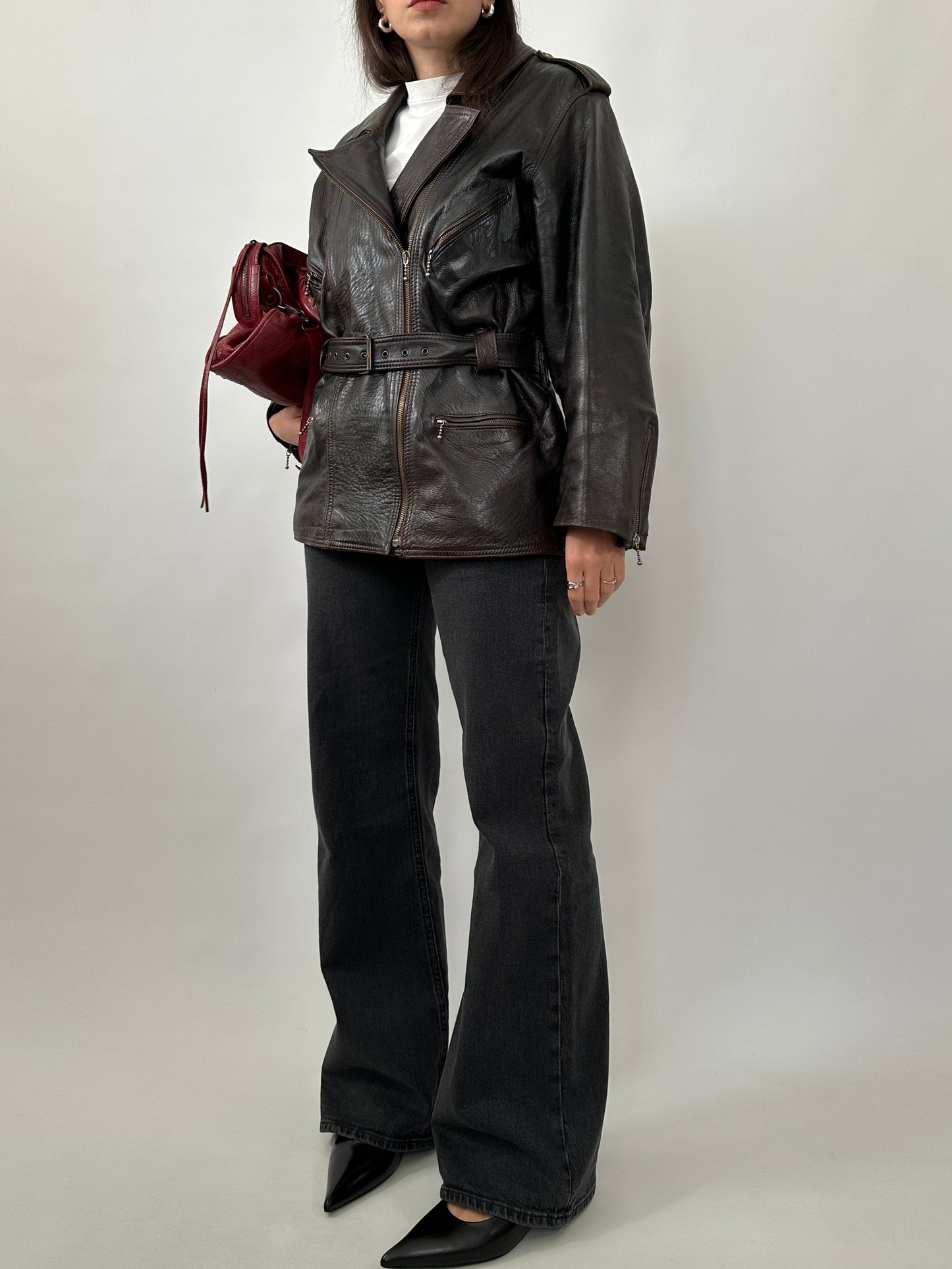 Vintage Dark Brown Leather Belted Jacket