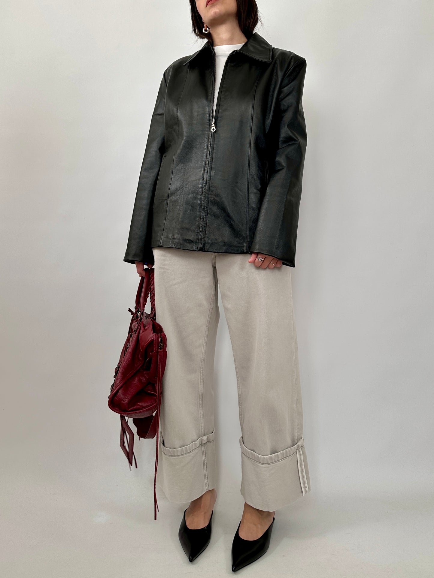 Minimal Black Leather Zip Jacket