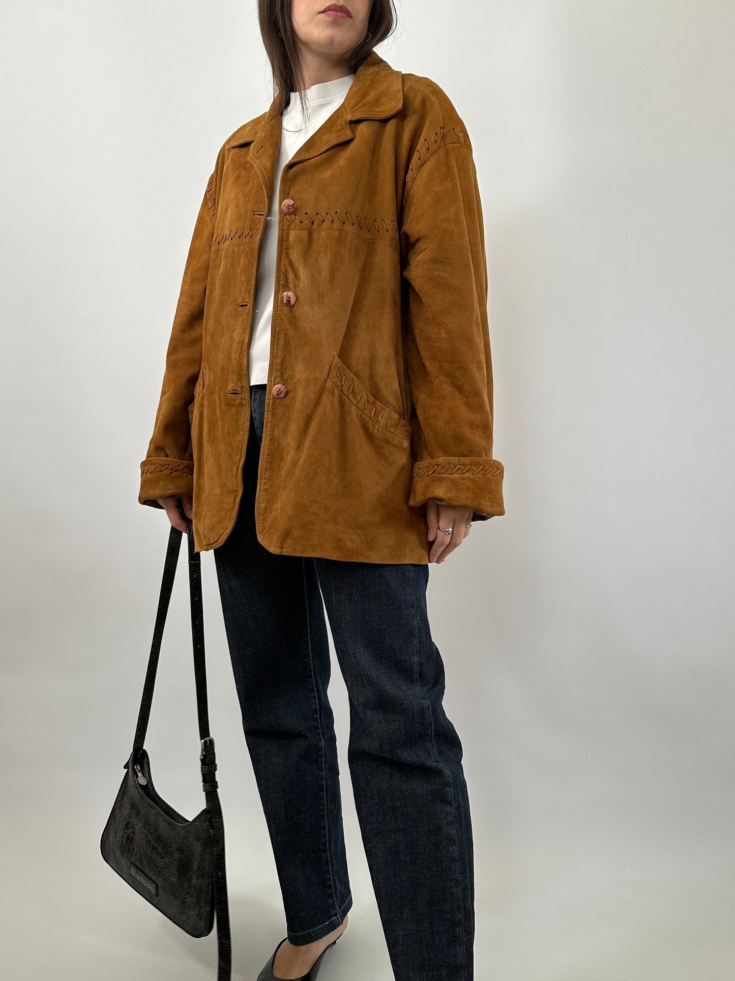 Vintage Suede Jacket with Cross-Stitch Details
