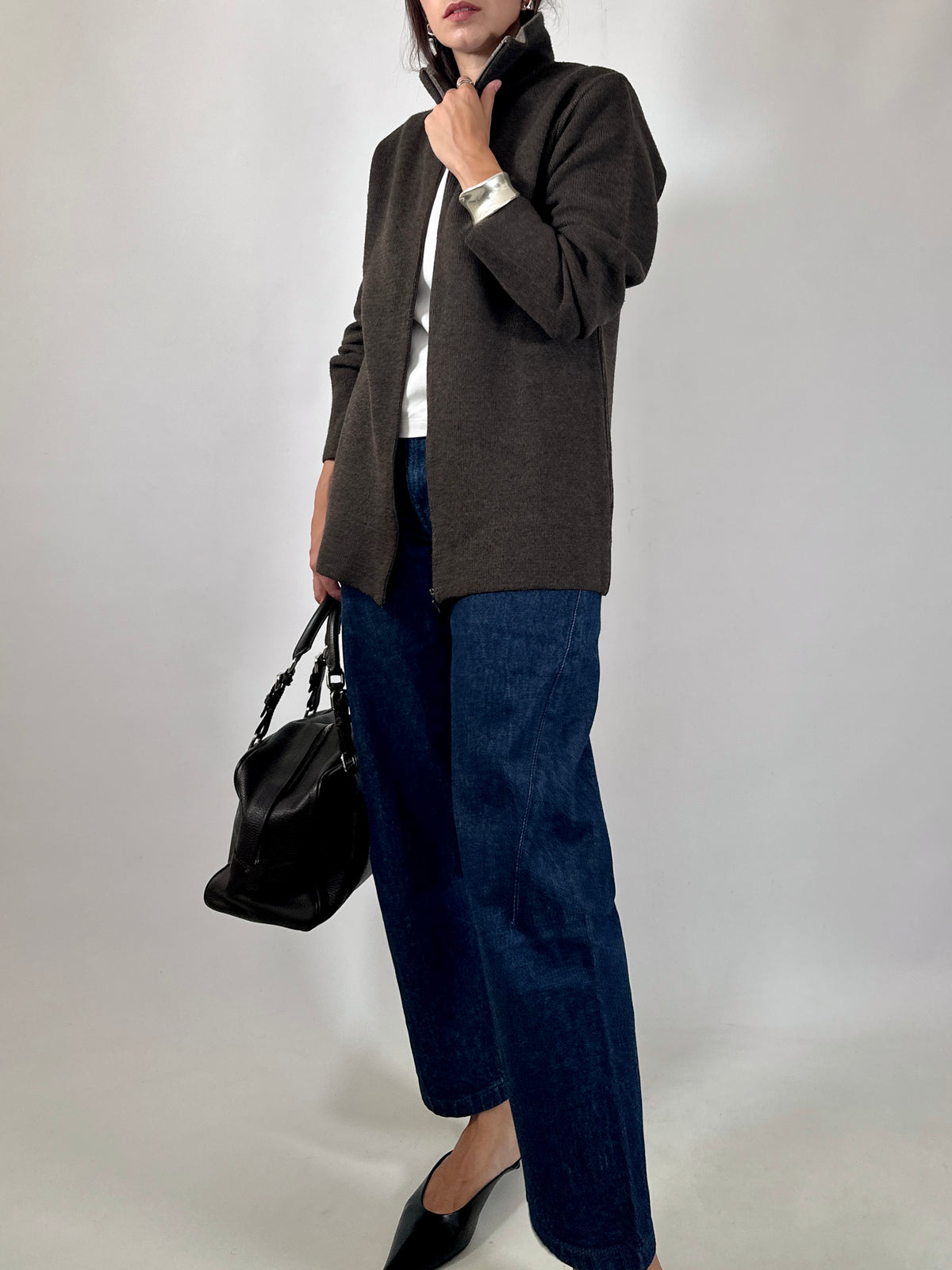 Brown Zip-Up Knit Cardigan