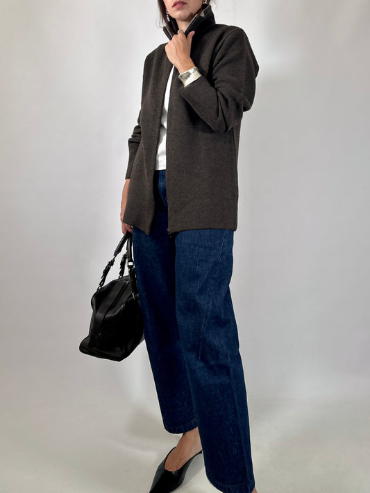 Brown Zip-Up Knit Cardigan