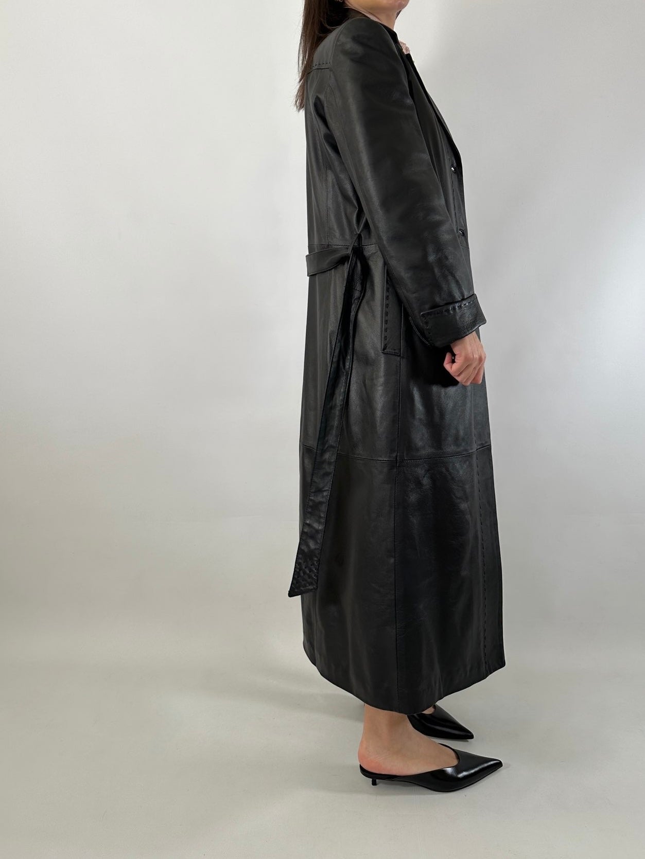 Extra-long nappa leather vintage trench coat