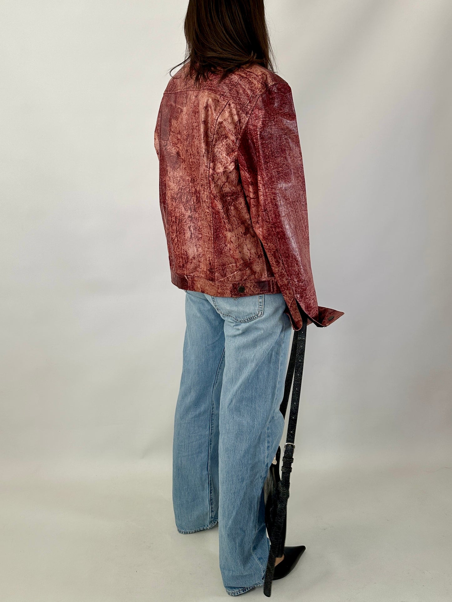 Red marble leather trucker jacket