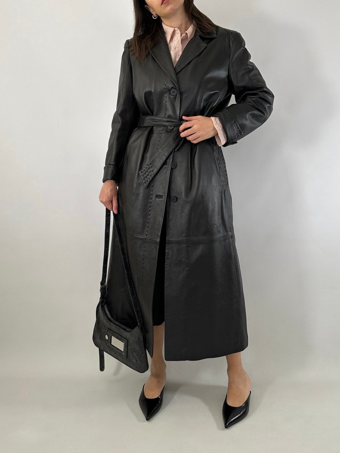 Extra-long nappa leather vintage trench coat