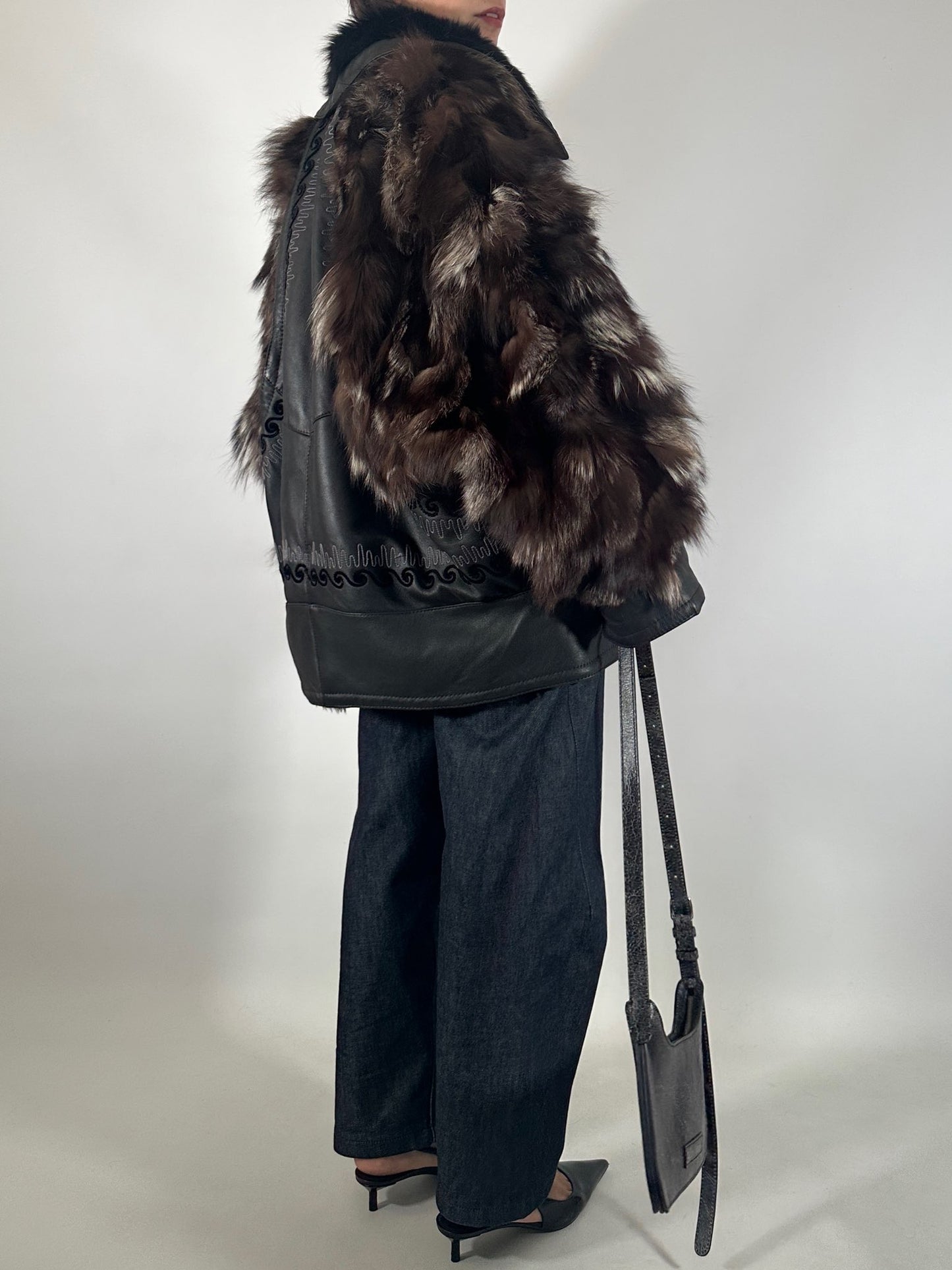 Embroidered Shearling Jacket with Fur Sleeves