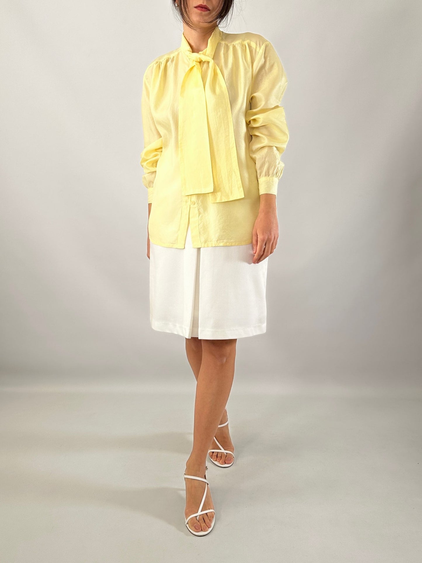 Butter yellow silk bow shirt
