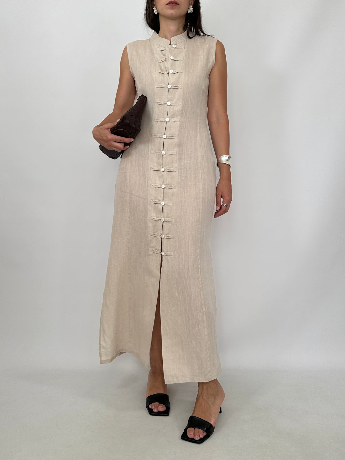 Pure Linen Mandarin Midi Dress