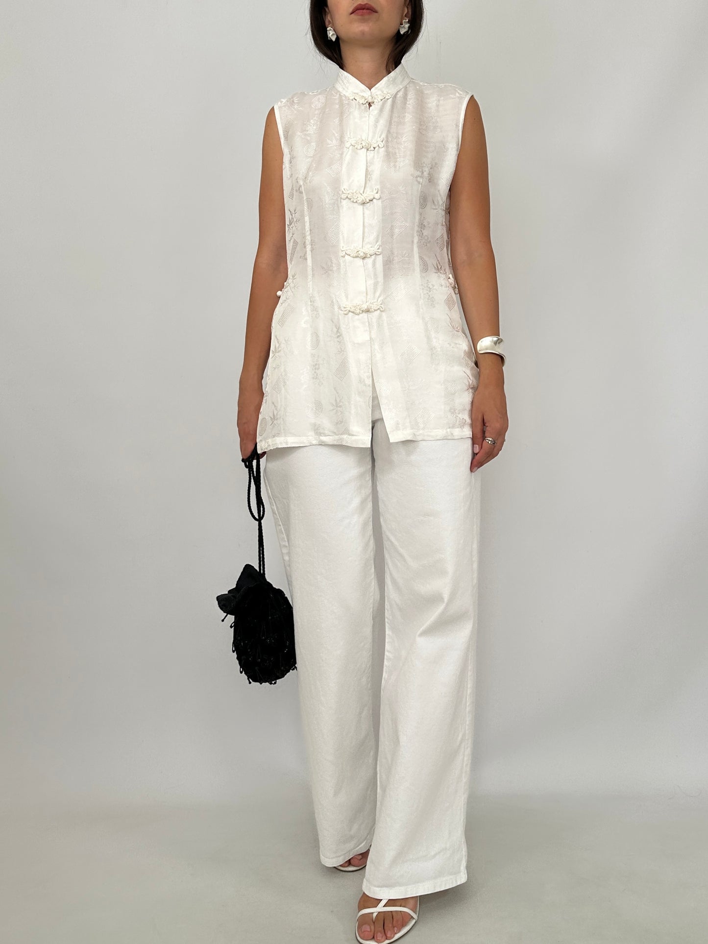 White Silk Jacquard Frog Closure Blouse