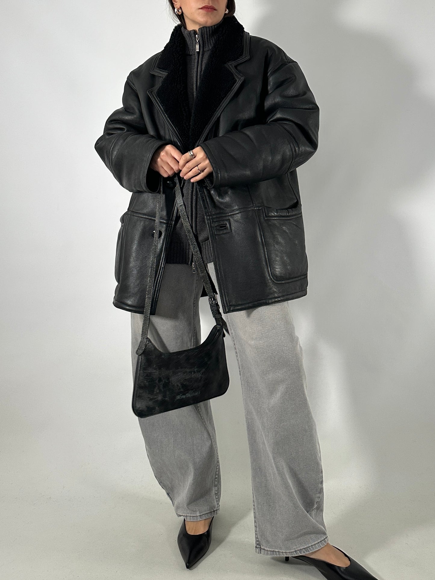 Vintage black shearling coat