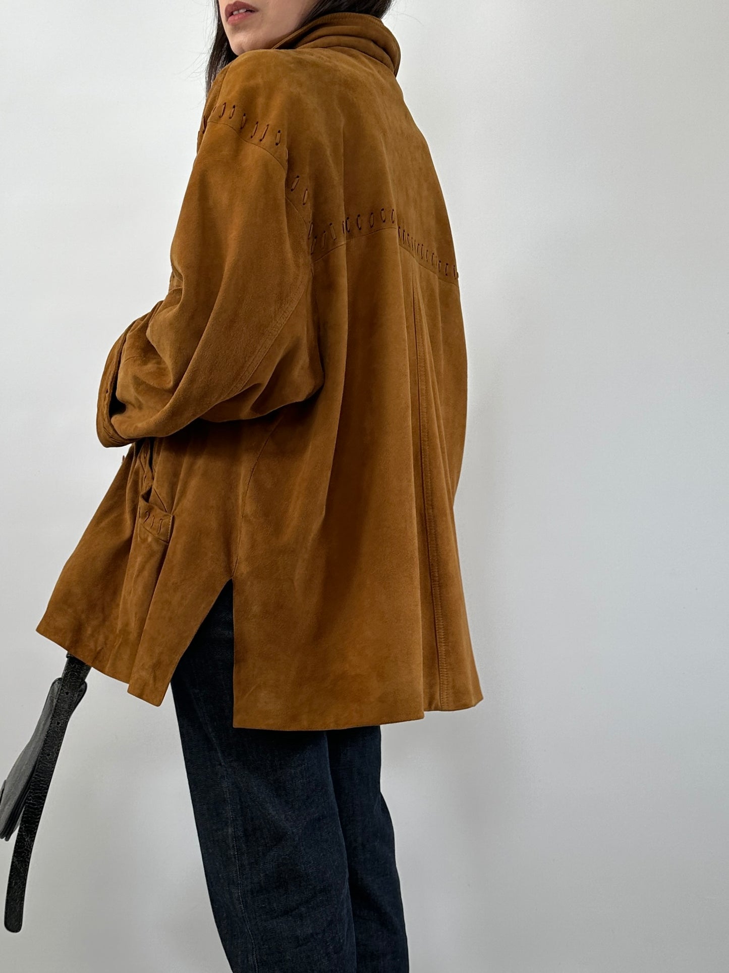 Vintage Suede Jacket with Cross-Stitch Details