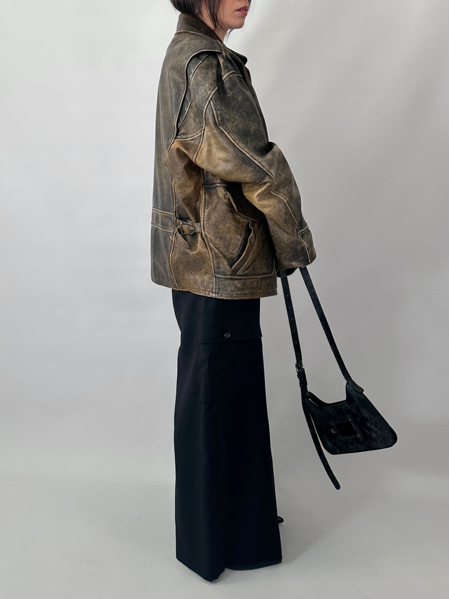 Oversized aviator jacket in distressed real leather